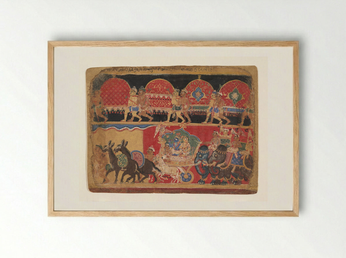 Krishna and the Kshatriya Maidens Proceed to Dvaraka - Sa Nana - Framed Print Wood