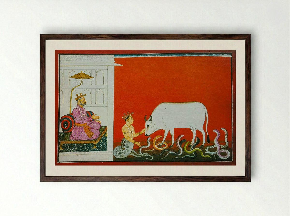 Krishna killing the crane demon Bakasura - Family of Manaku - Framed Print Dark Wood