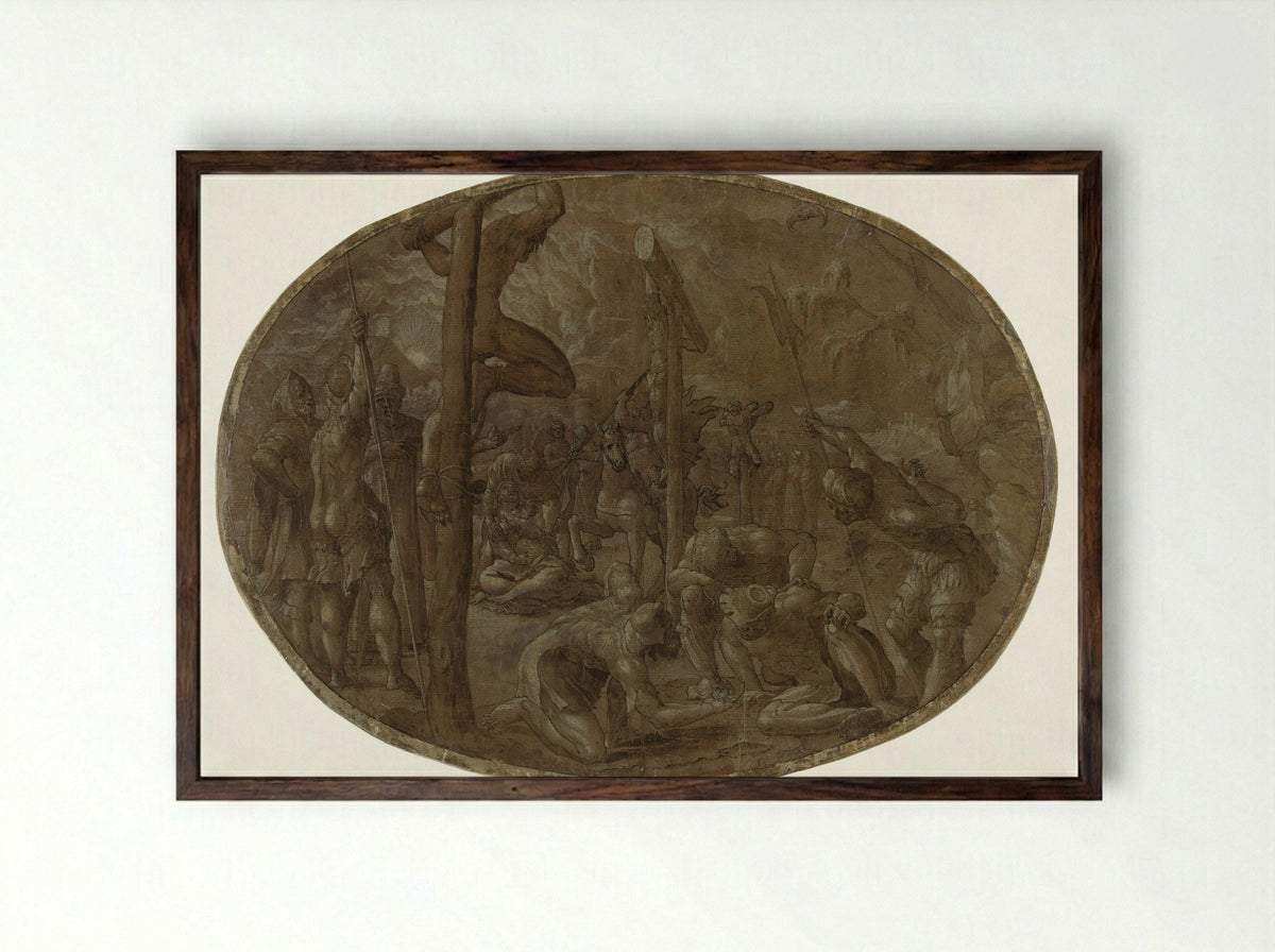 Kruisiging - Meester van de Liechtensteinse Aanbidding - Framed Print Dark Wood