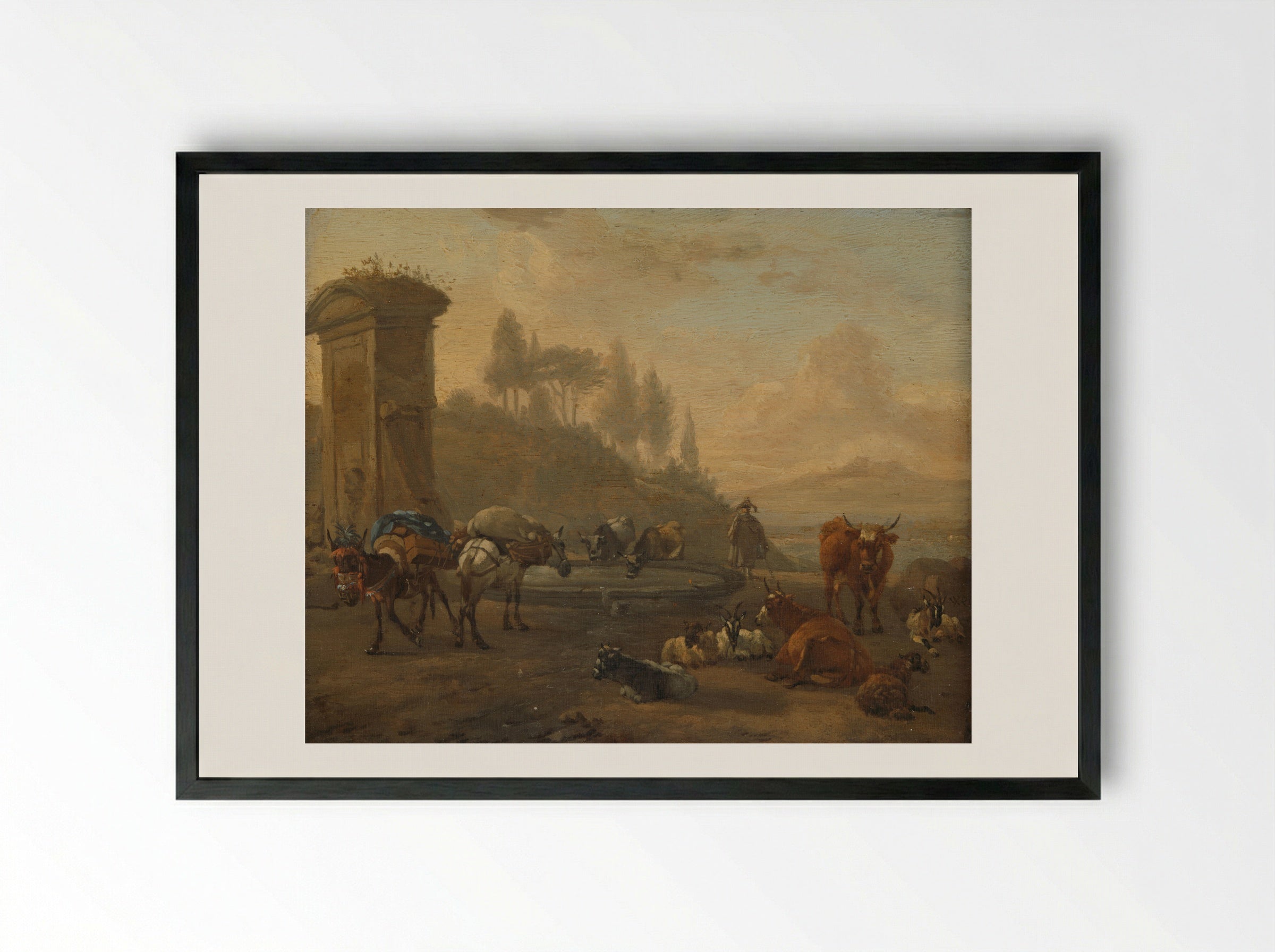 Kudde bij een fontein - Willem Romeyn - Framed Print Black
