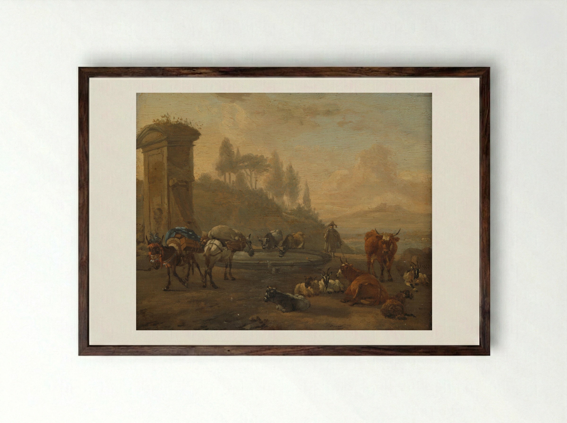 Kudde bij een fontein - Willem Romeyn - Framed Print Dark Wood