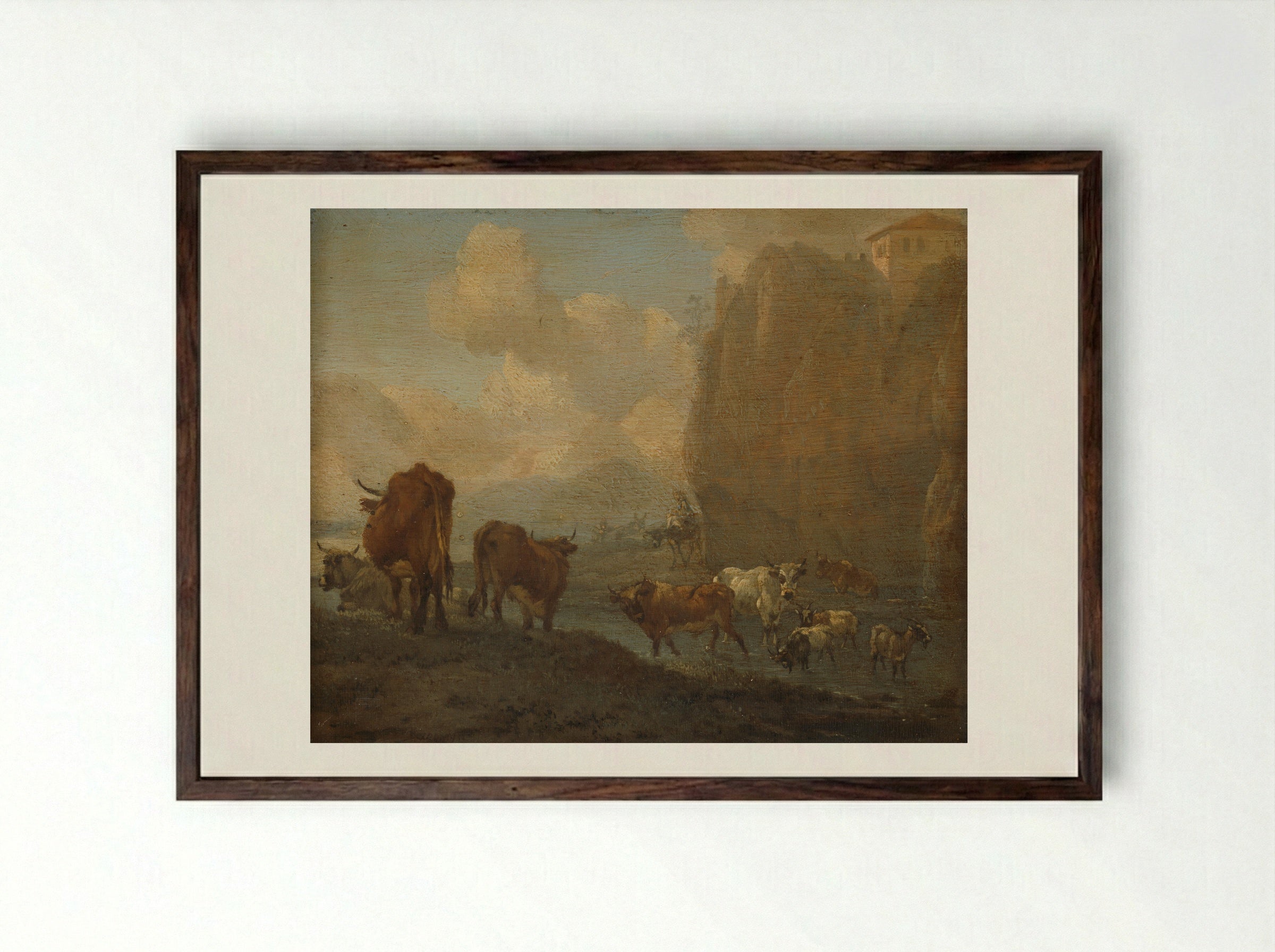 Kudde bij een rivier - Willem Romeyn - Framed Print Dark Wood