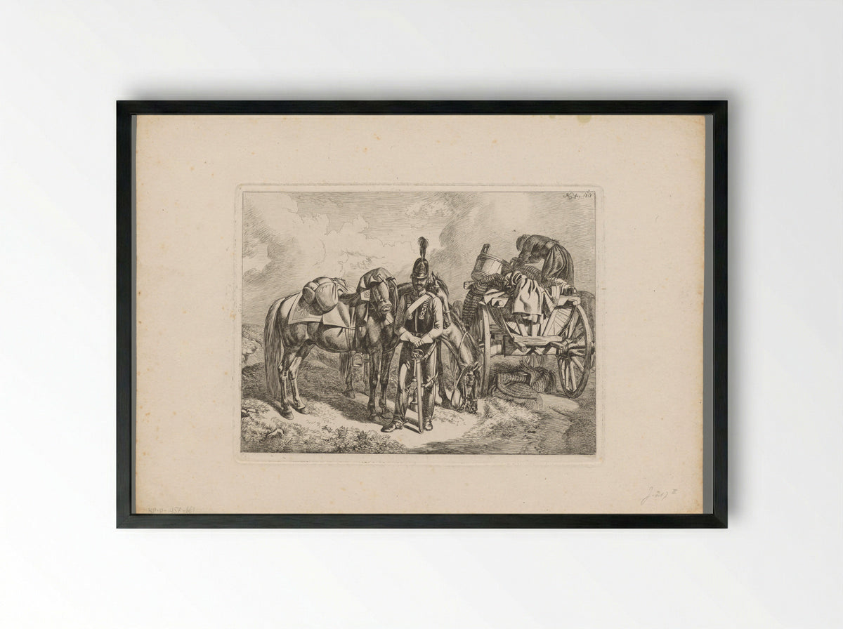 Kurassier bij twee paarden en een trekkar - Domenico Artaria - Framed Print Black