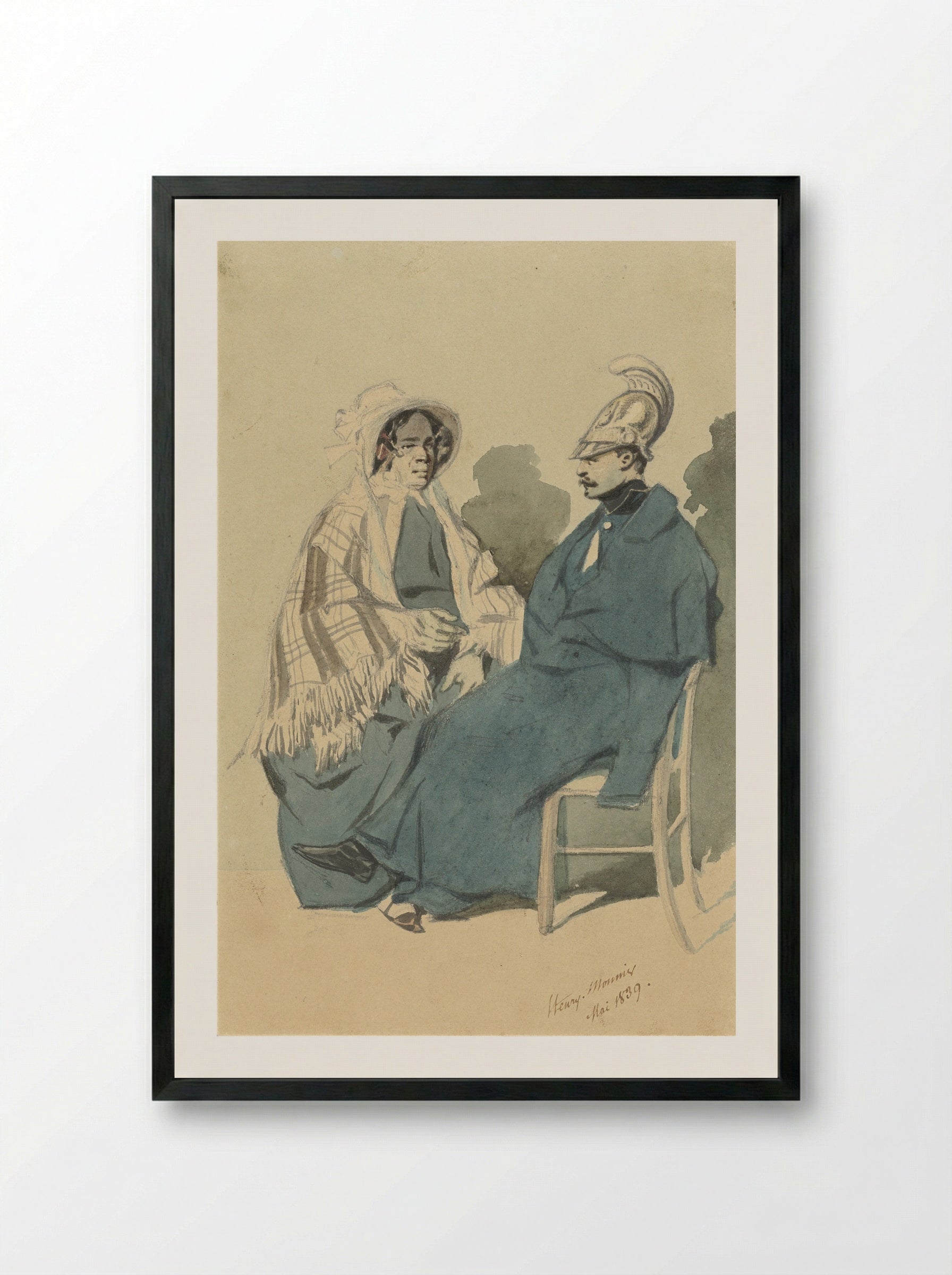 Kurassier met helm en blauwe mantel, zittend naast een oude dame in reistoilet - Henry Bonaventure Monnier - Framed Print Black