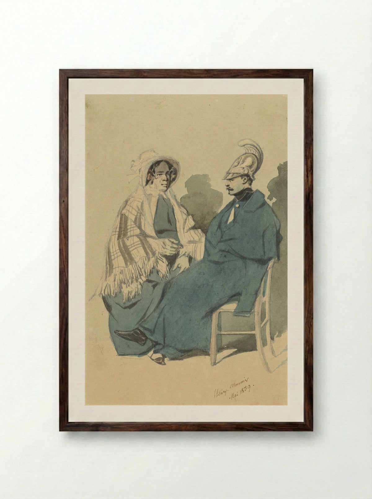 Kurassier met helm en blauwe mantel, zittend naast een oude dame in reistoilet - Henry Bonaventure Monnier - Framed Print Dark Wood