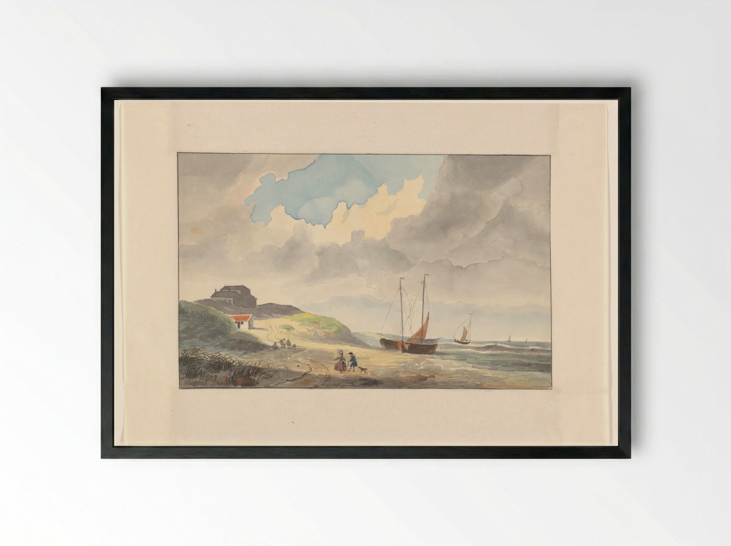Kustgezicht met schepen op het strand - Johannes van Reijn - Framed Print Black