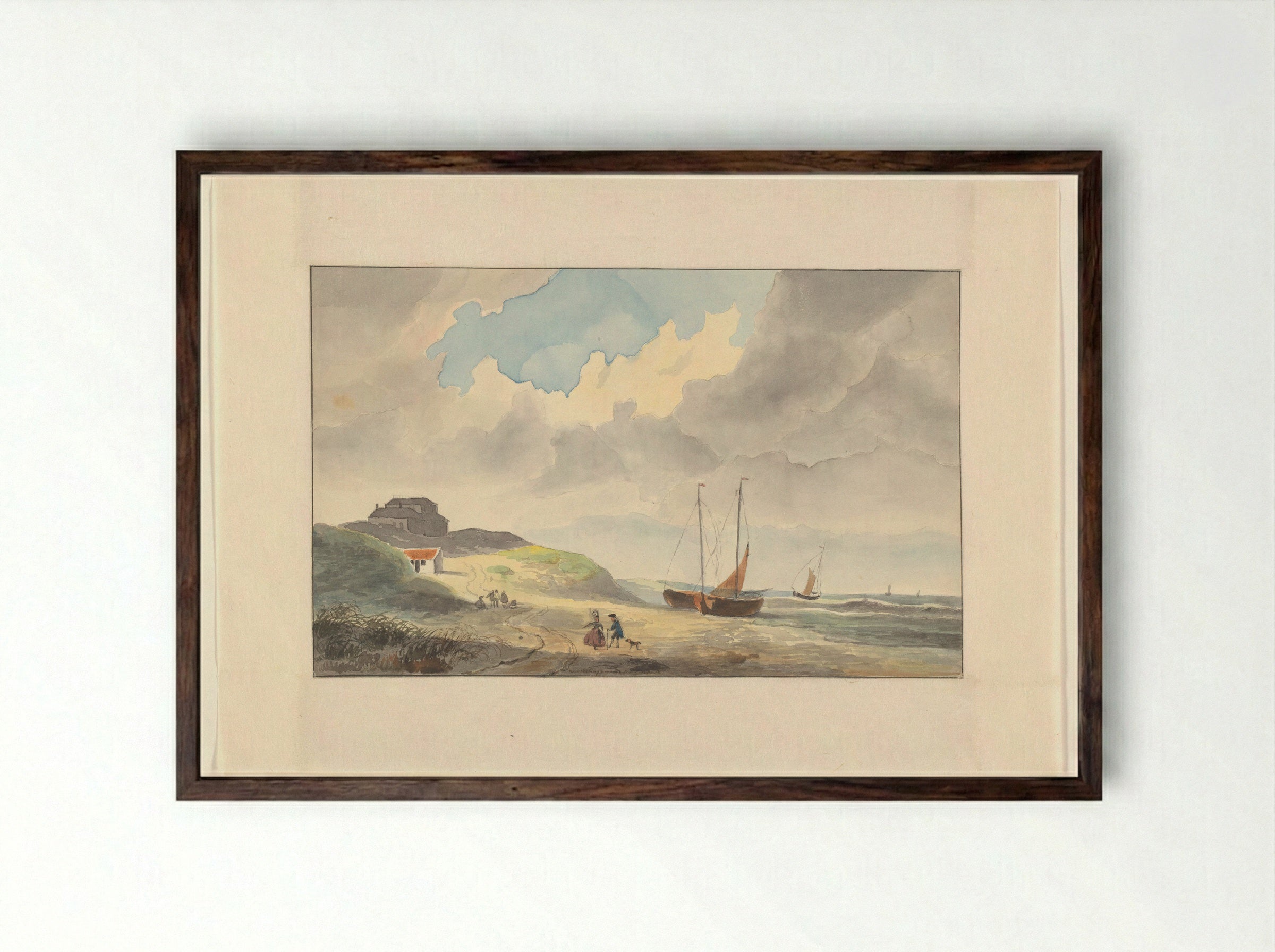 Kustgezicht met schepen op het strand - Johannes van Reijn - Framed Print Dark Wood