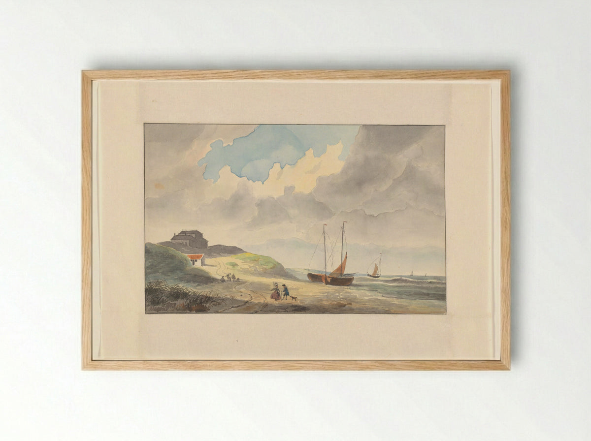 Kustgezicht met schepen op het strand - Johannes van Reijn - Framed Print Wood