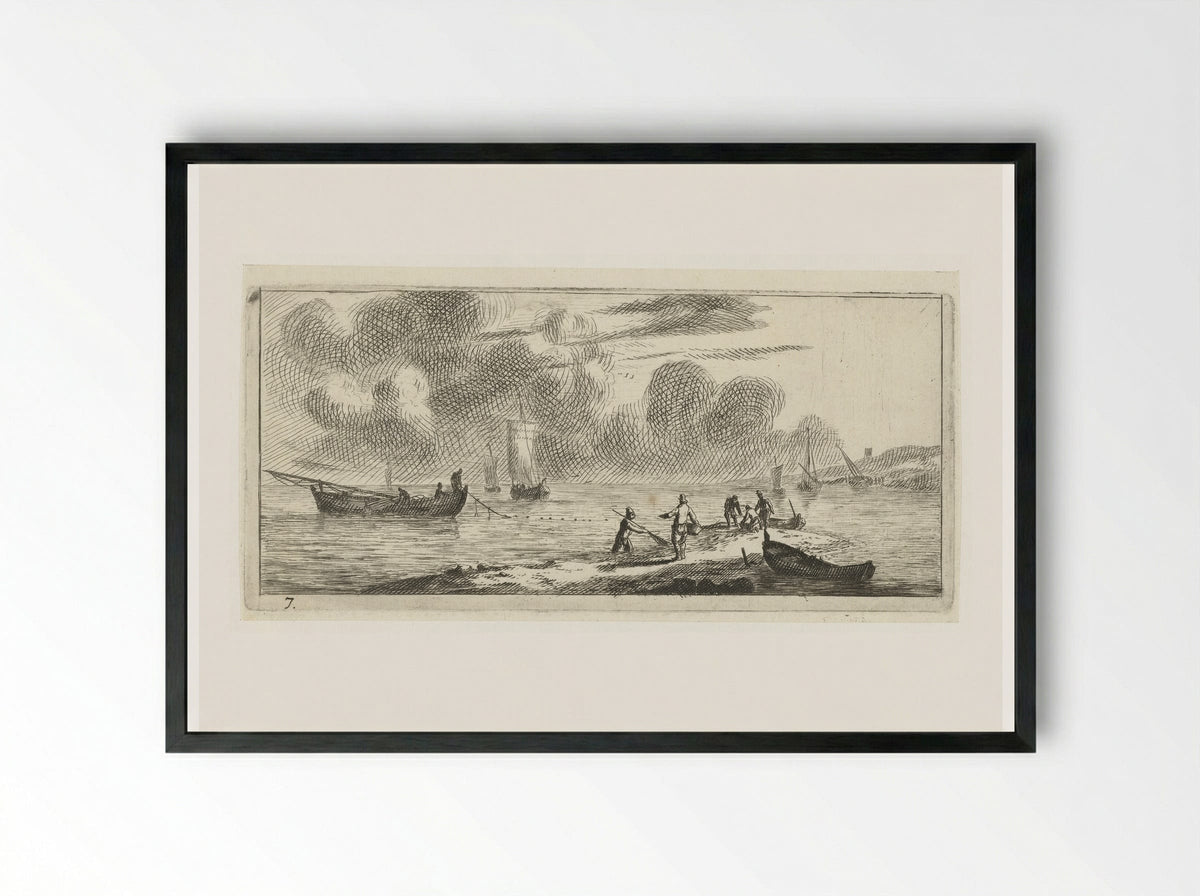 Kustlijn met mannen vissend in ondiep water - Reinier Nooms - Framed Print Black