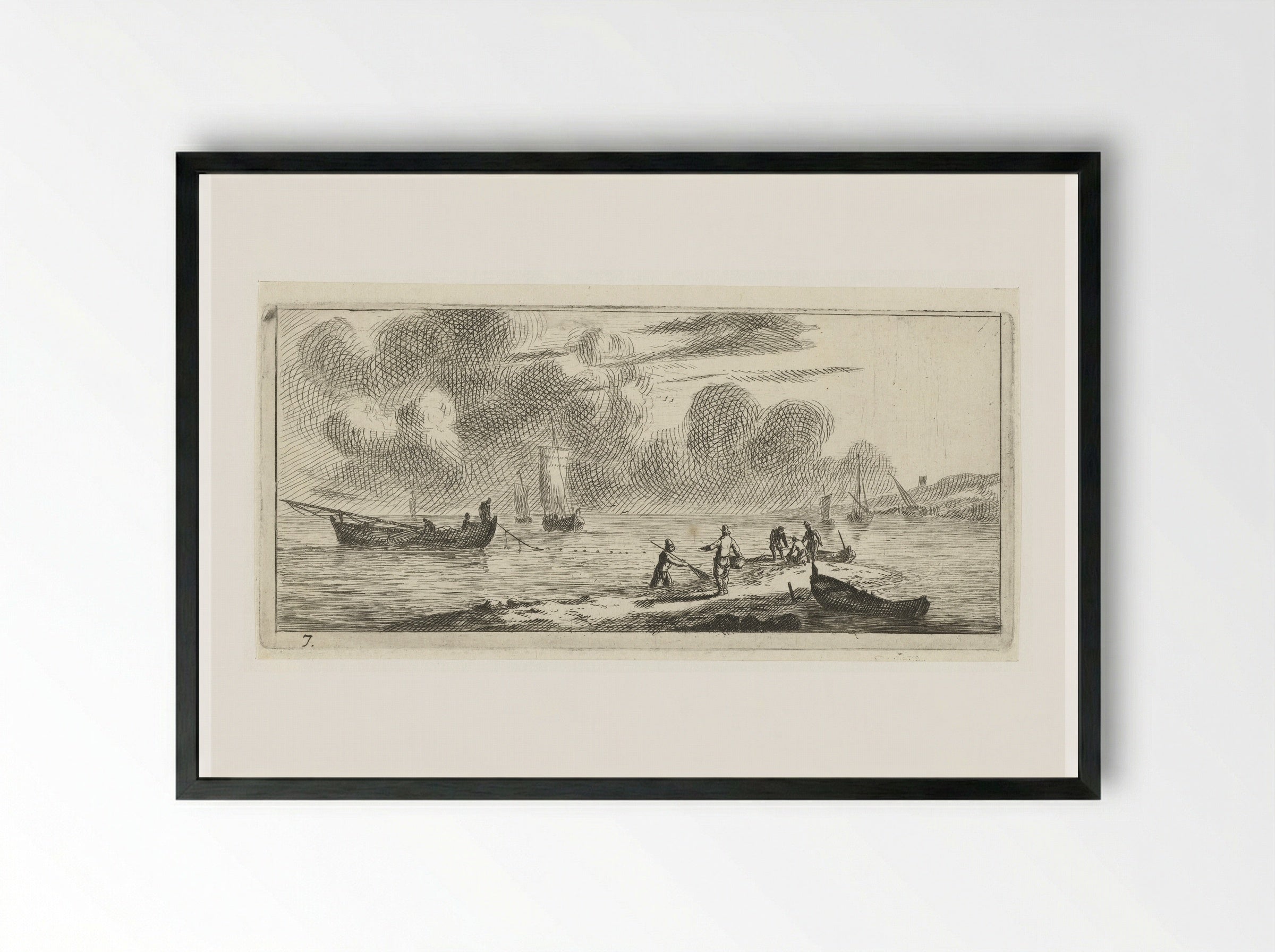 Kustlijn met mannen vissend in ondiep water - Reinier Nooms - Framed Print Black