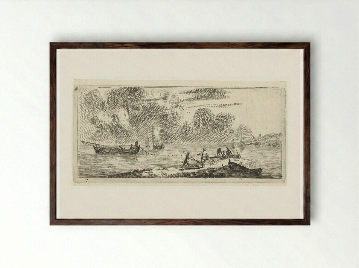 Kustlijn met mannen vissend in ondiep water - Reinier Nooms - Framed Print Dark Wood