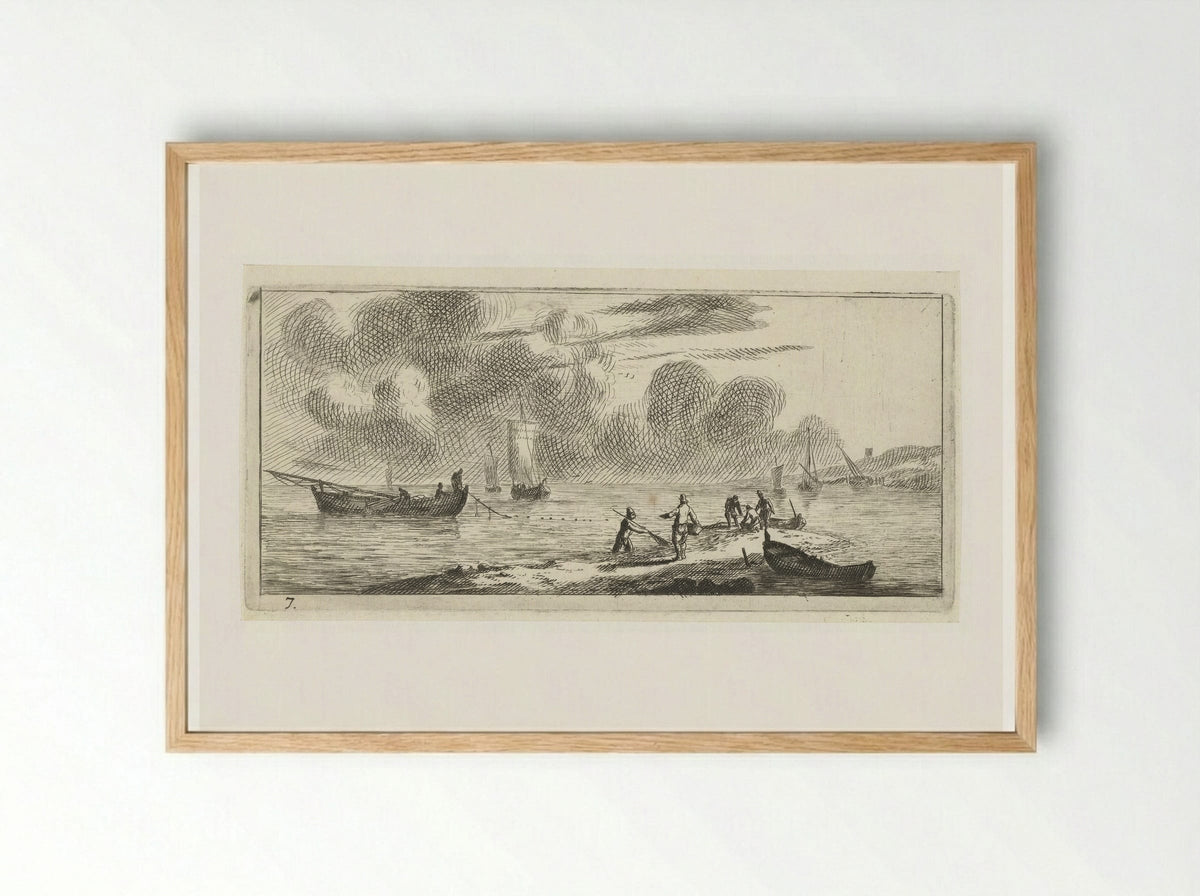 Kustlijn met mannen vissend in ondiep water - Reinier Nooms - Framed Print Wood
