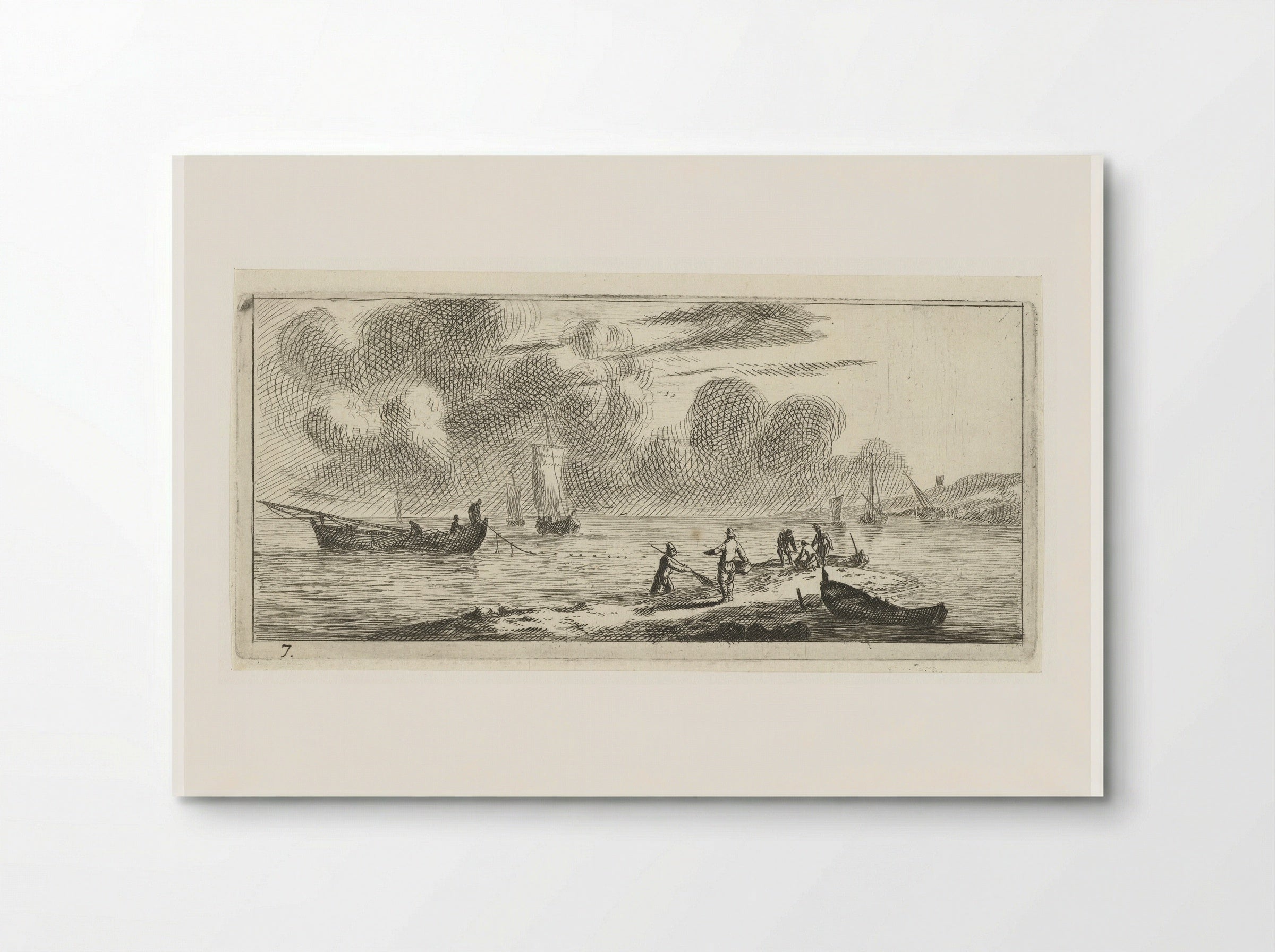 Kustlijn met mannen vissend in ondiep water - Reinier Nooms - Poster