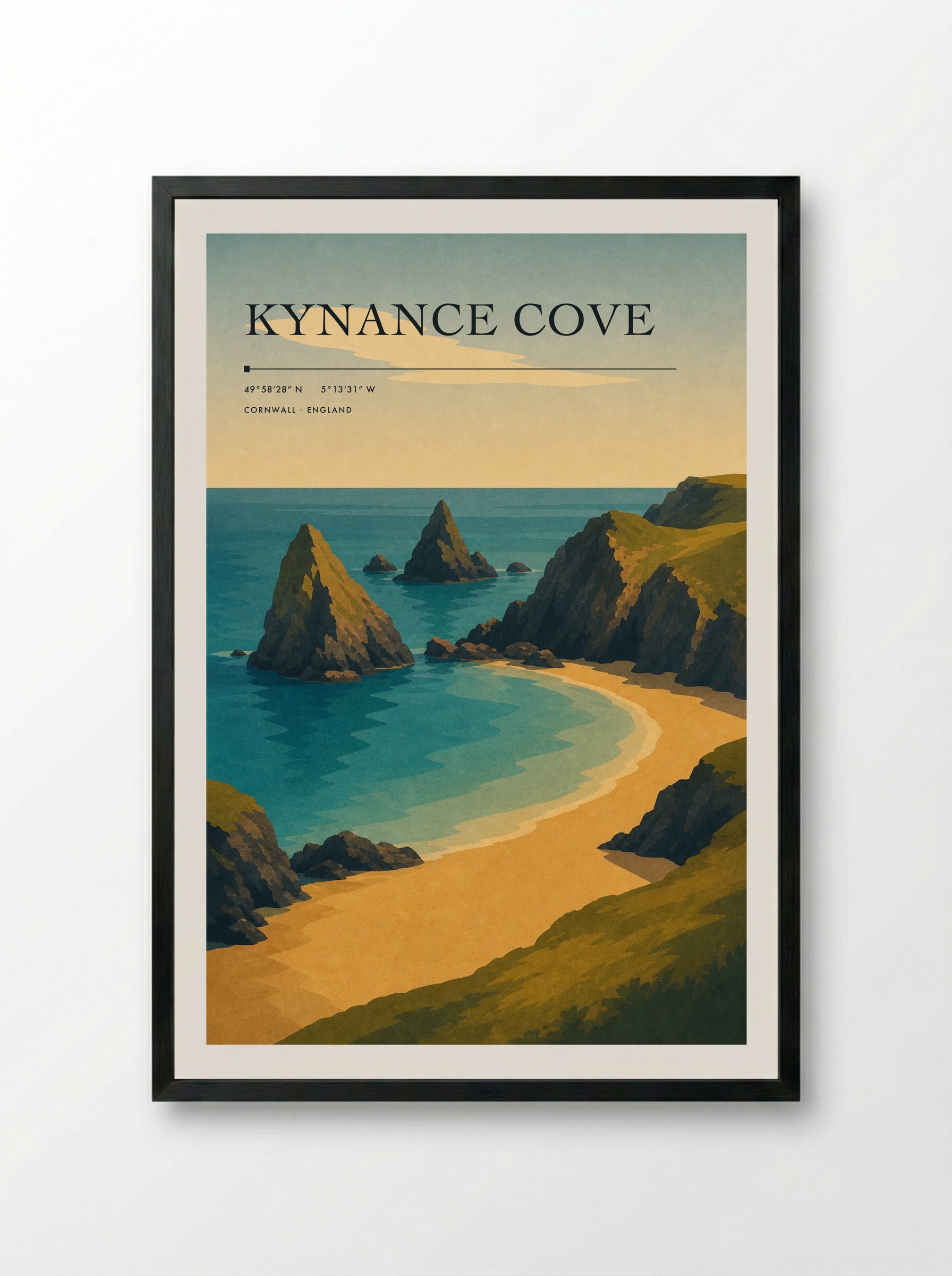 Kynance Cove Travel Poster Artwork - Framed Print Black