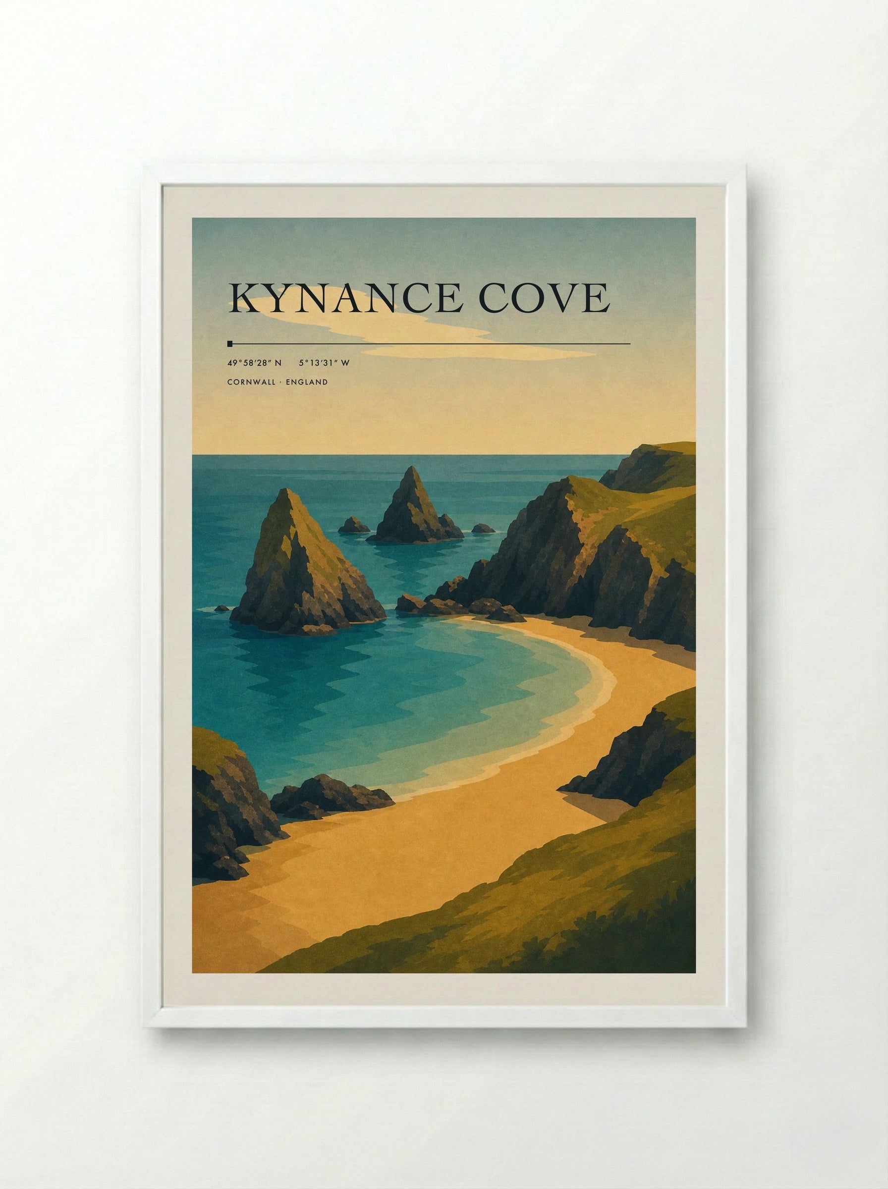 Kynance Cove Travel Poster Artwork - Framed Print White