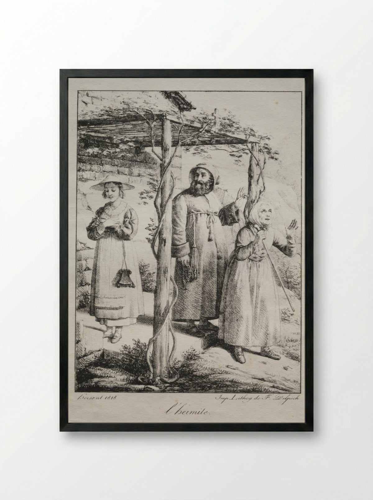 L'Ermite (The Hermit) - Louis Hersent - Framed Print Black