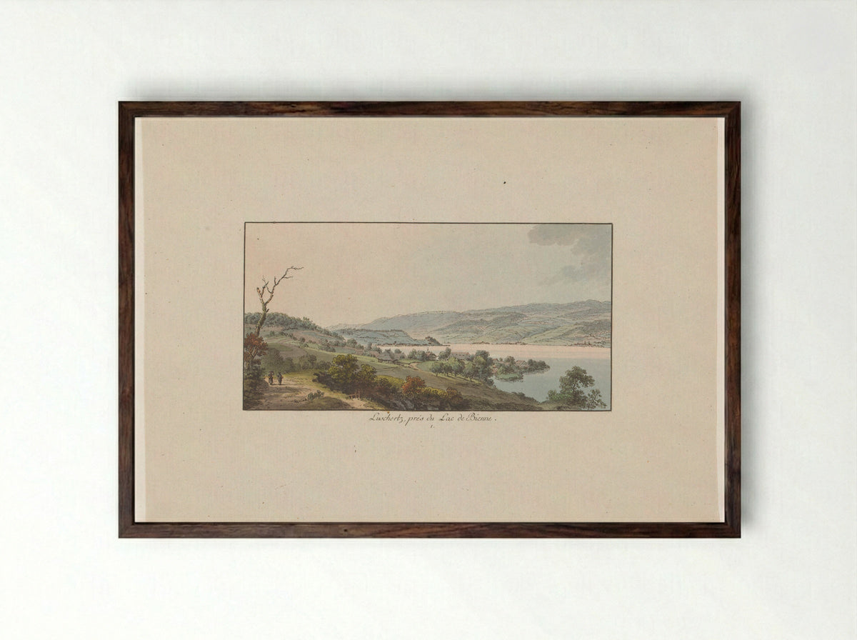 Lüscherz, près du Lac de Bienne - Johann Ludwig Aberli - Framed Print Dark Wood