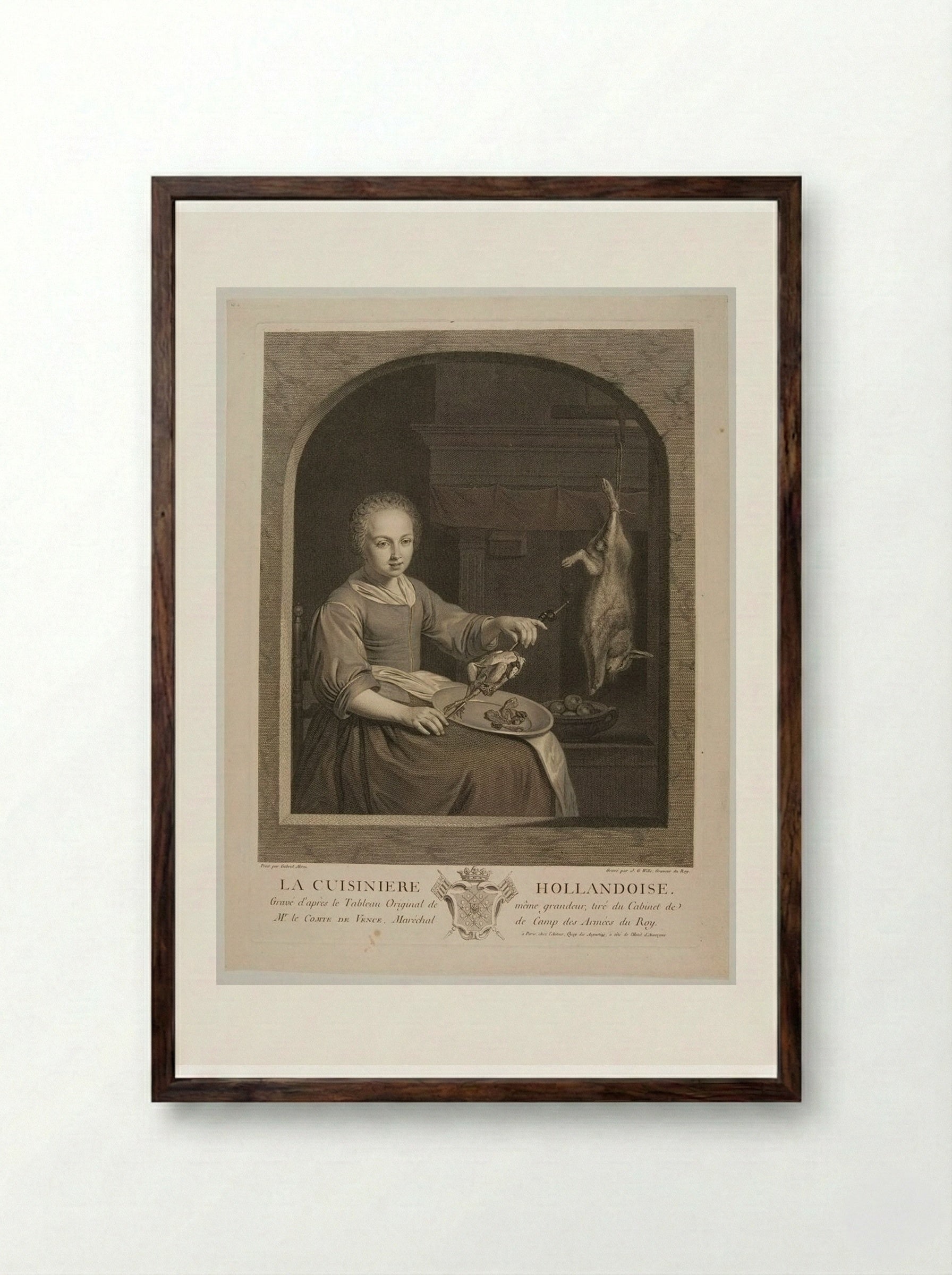La Cuisinière Hollandoise - Johann Georg Wille - Framed Print Dark Wood