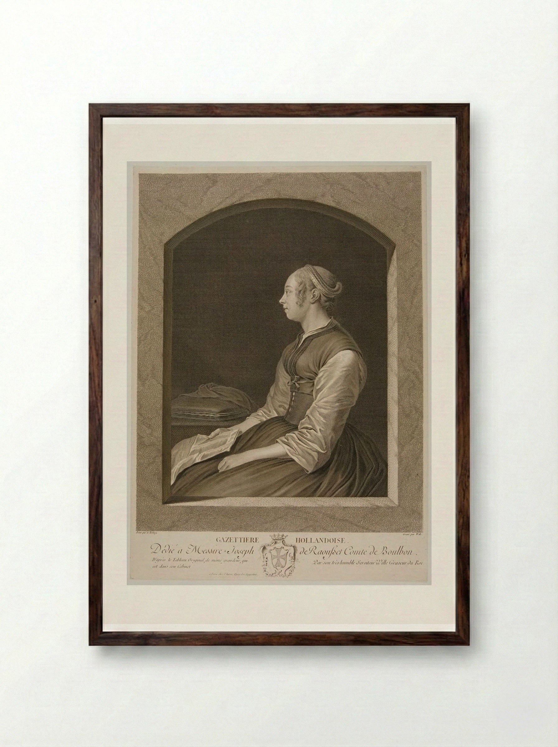 La Gazetière Hollandoise - Johann Georg Wille - Framed Print Dark Wood