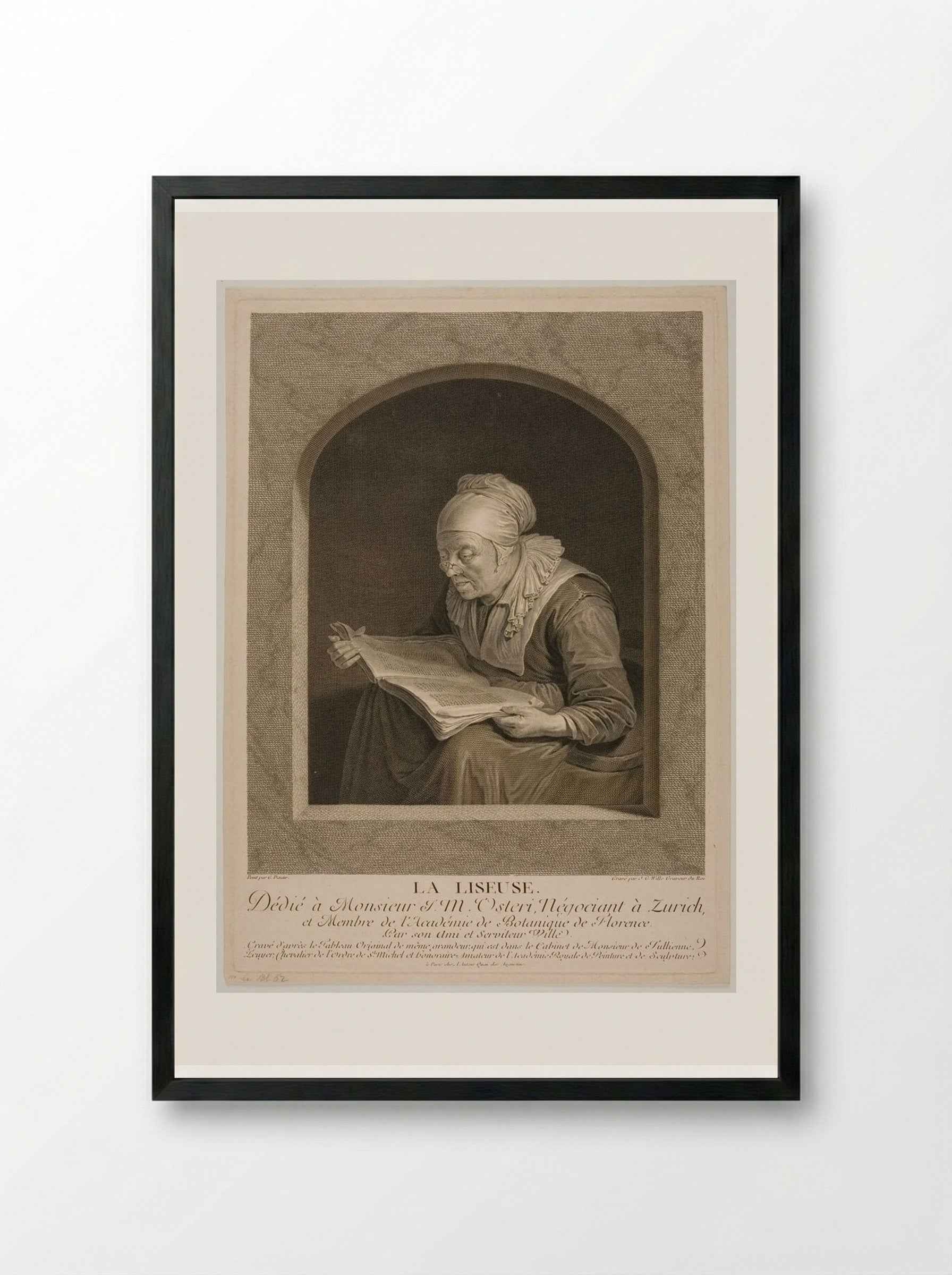 La Liseuse (The Reader) - Johann Georg Wille - Framed Print Black