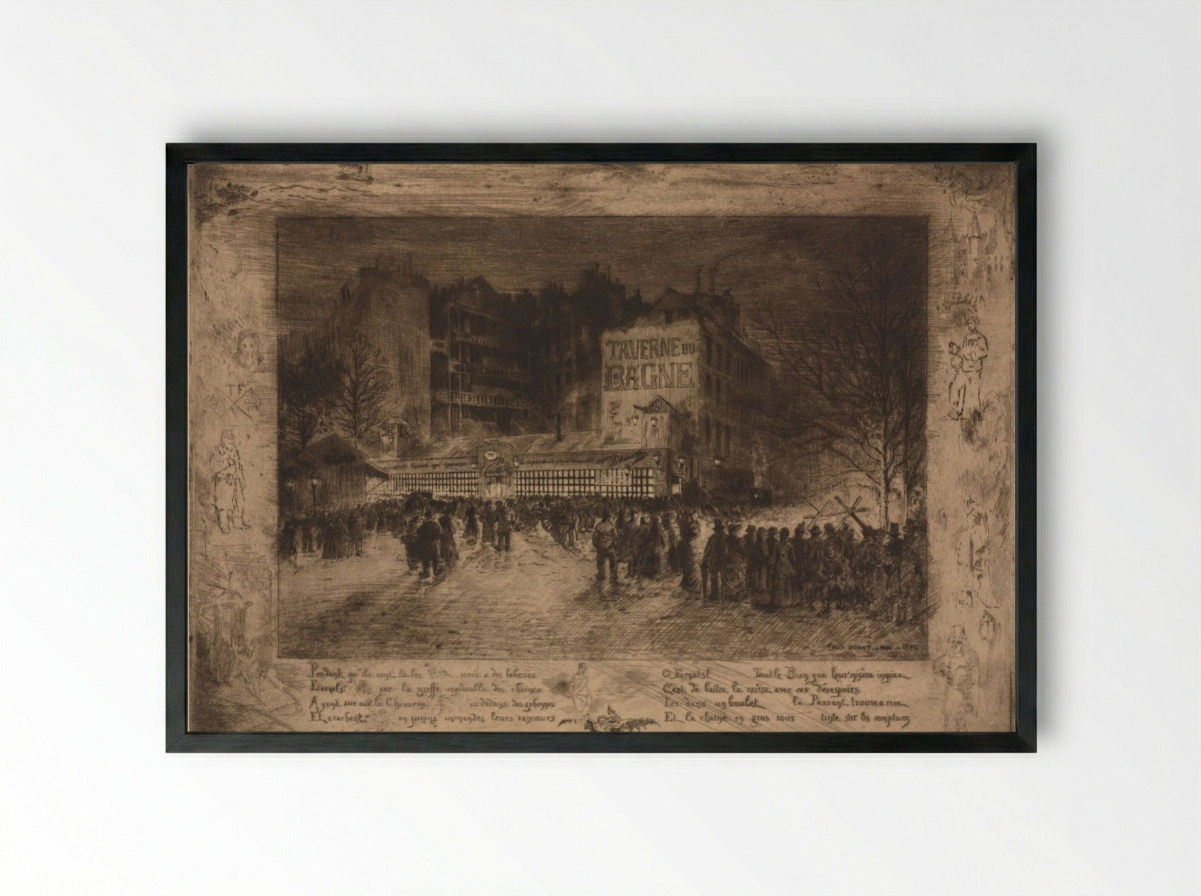 La Place des Martyrs et la Taverne du Bagne - Félix Hilaire Buhot - Framed Print Black