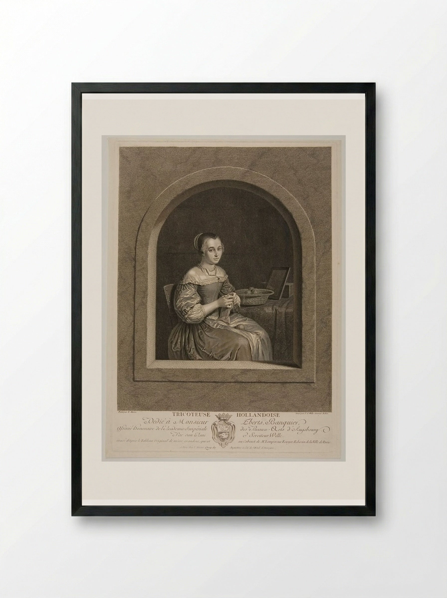 La Tricoteuse Hollandoise - Johann Georg Wille - Framed Print Black