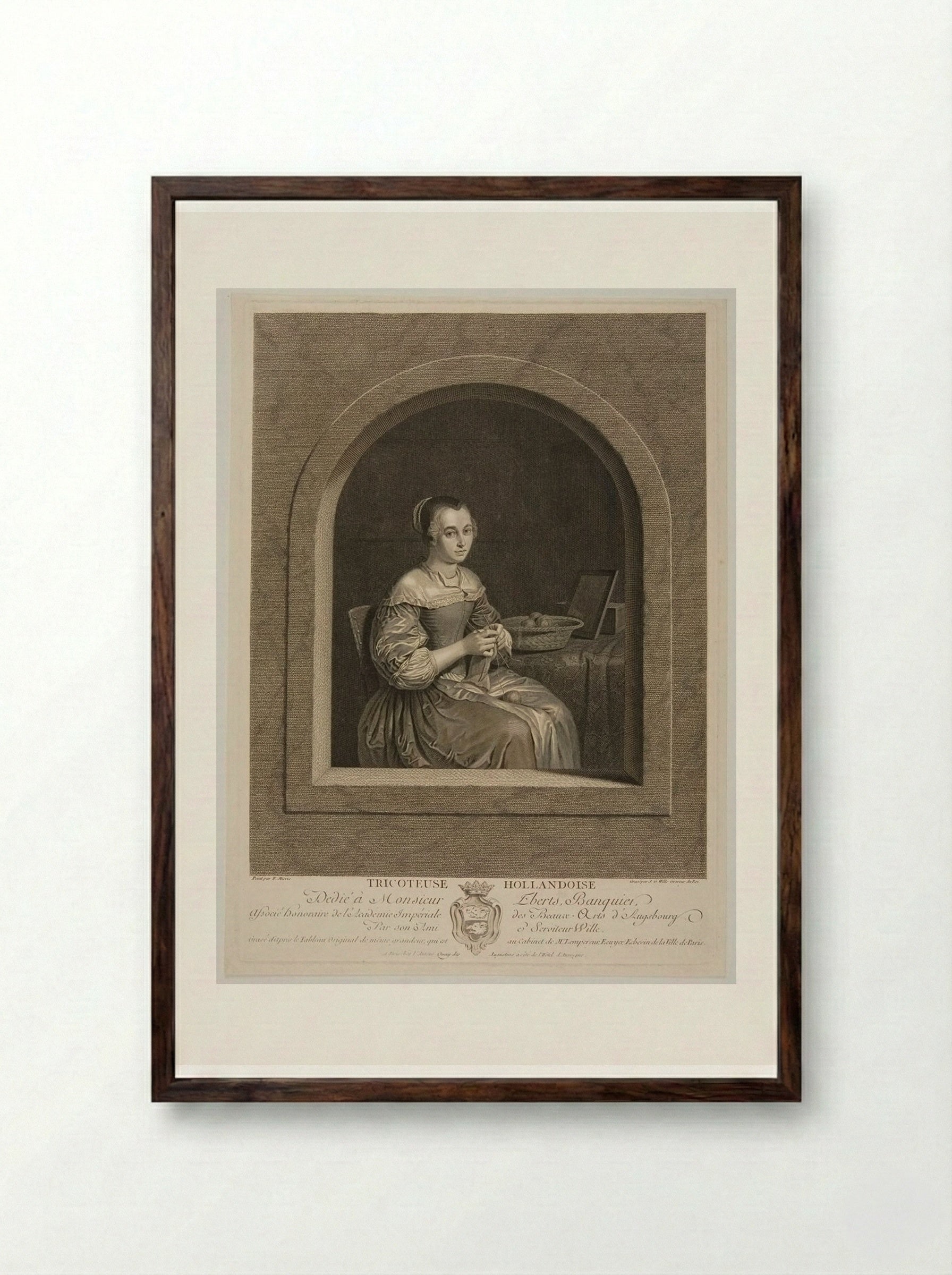 La Tricoteuse Hollandoise - Johann Georg Wille - Framed Print Dark Wood