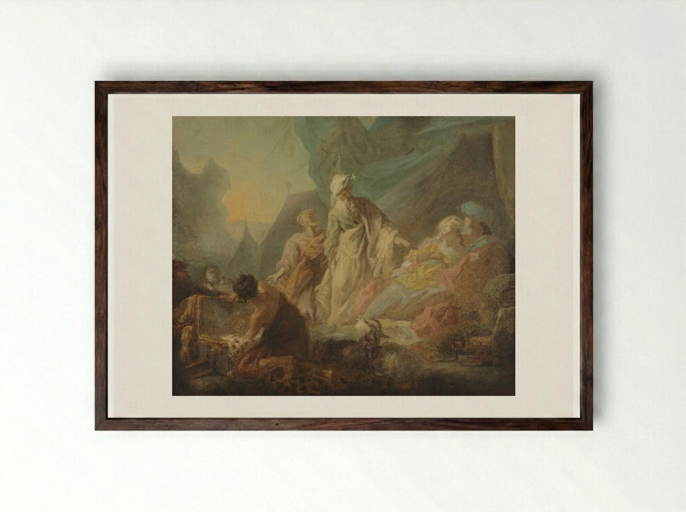Laban Searching for His Stolen Gods - Augustin de Saint-Aubin - Framed Print Dark Wood