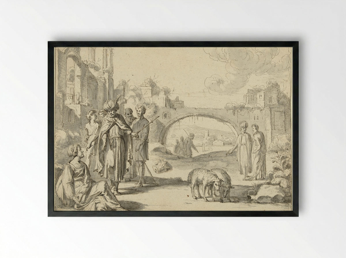 Laban Searching for his Idols in the Tent of Rachel - Jan Symonsz Pynas - Framed Print Black