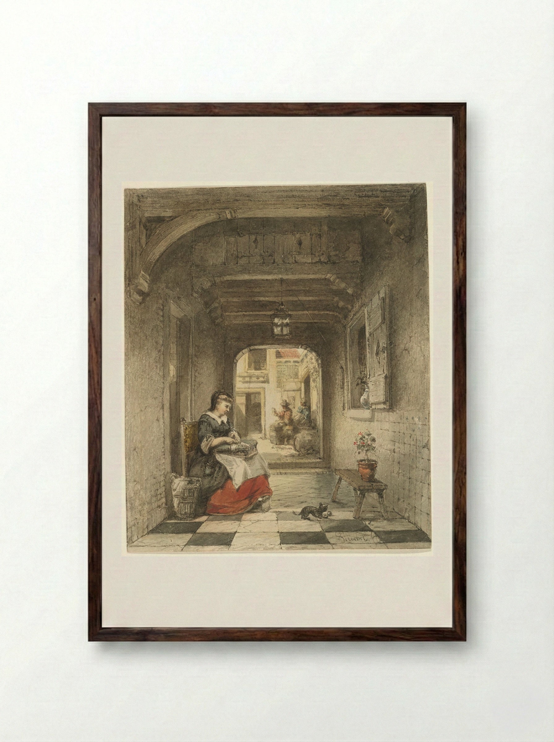 Lace Maker in an Interior - Johannes Stroebel - Framed Print Dark Wood