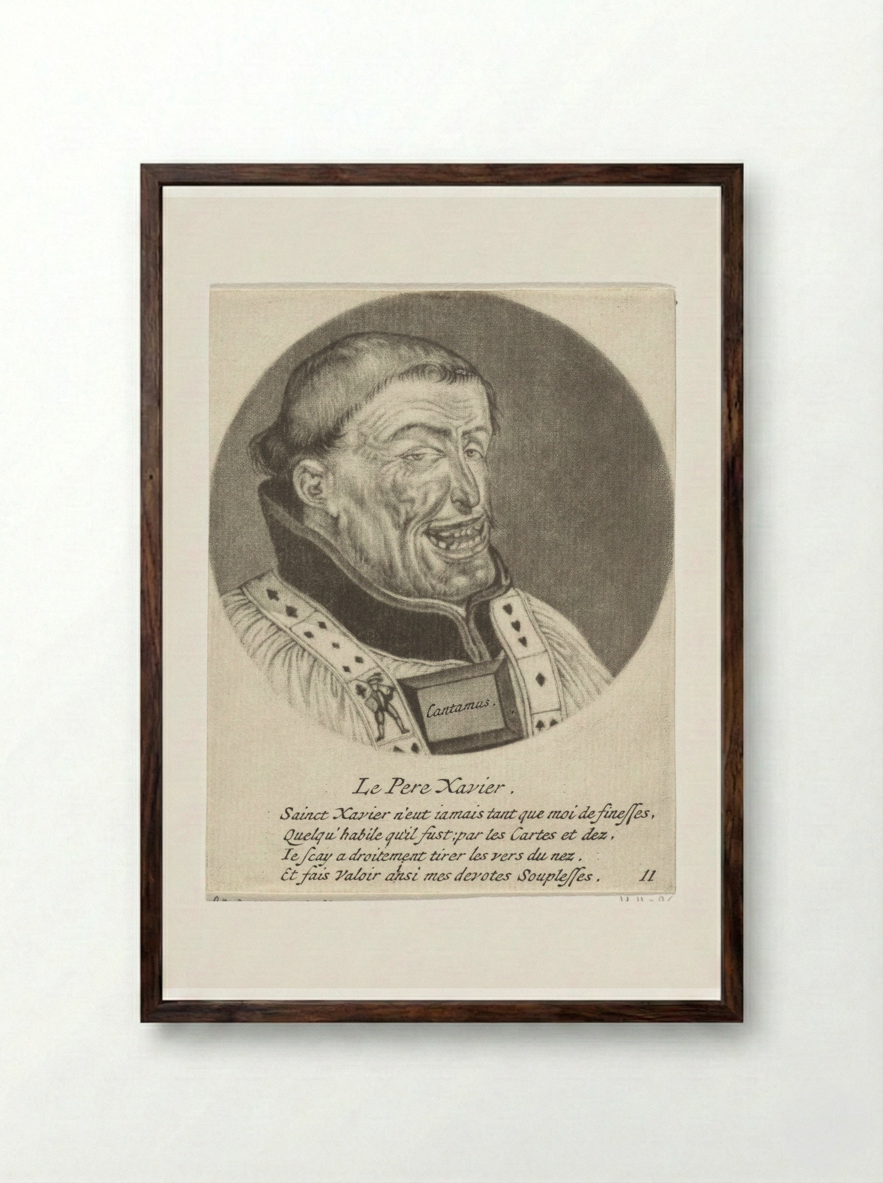 Lachende monnik met speelkaarten (Le Pere Xavier) - Jacob Gole - Framed Print Dark Wood