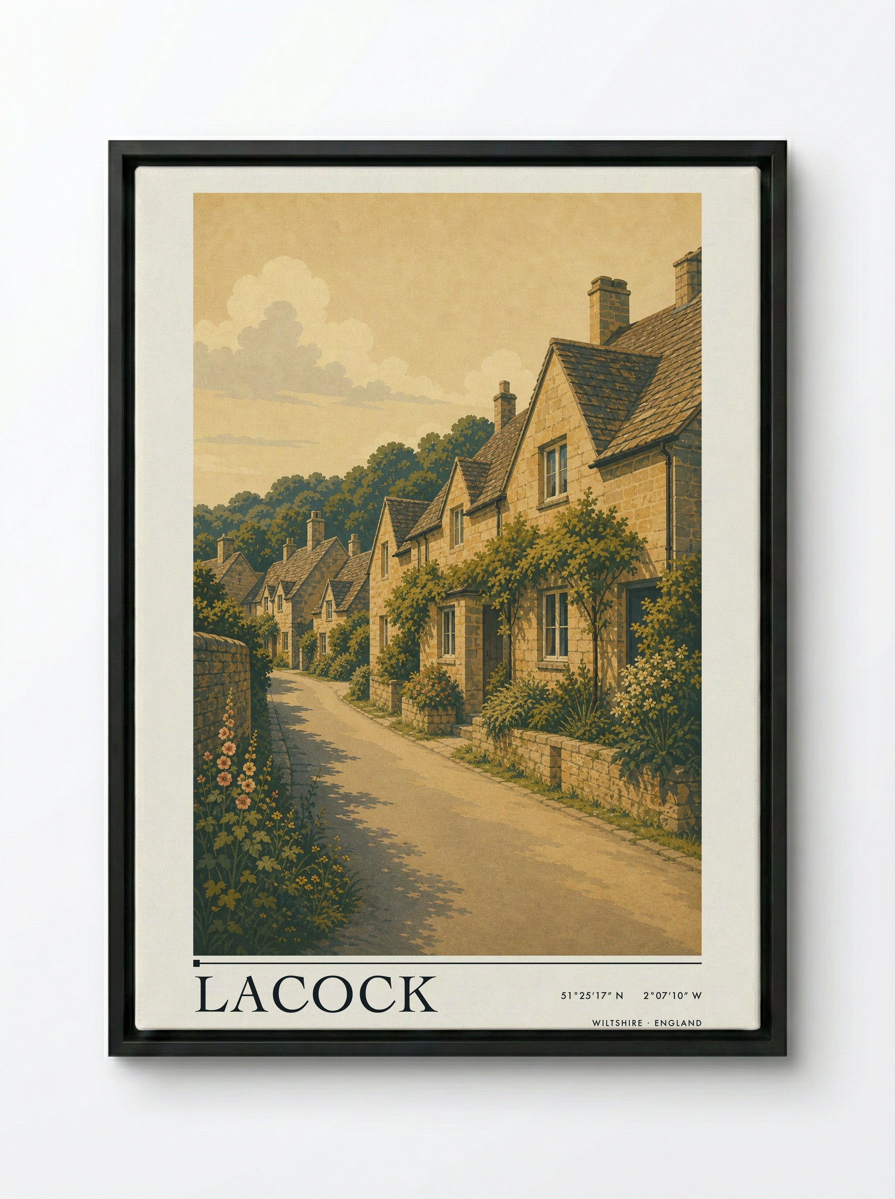 Lacock Wiltshire England Travel Poster - Framed Canvas Black