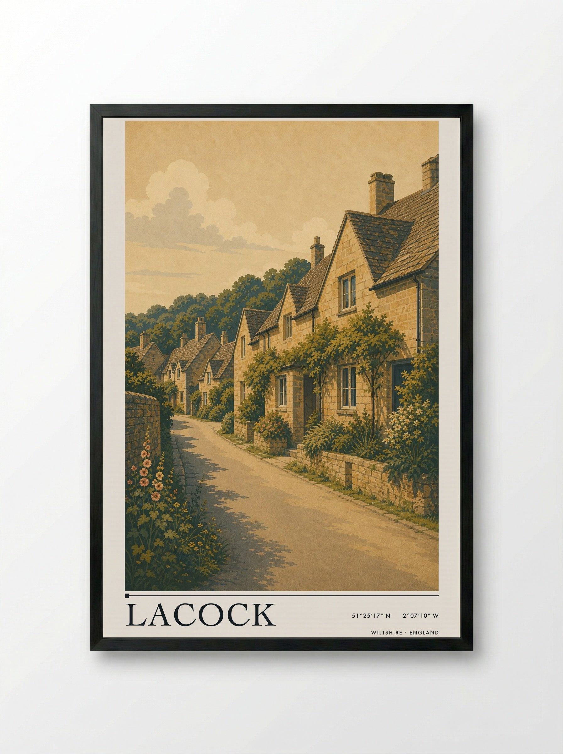 Lacock Wiltshire England Travel Poster - Framed Print Black