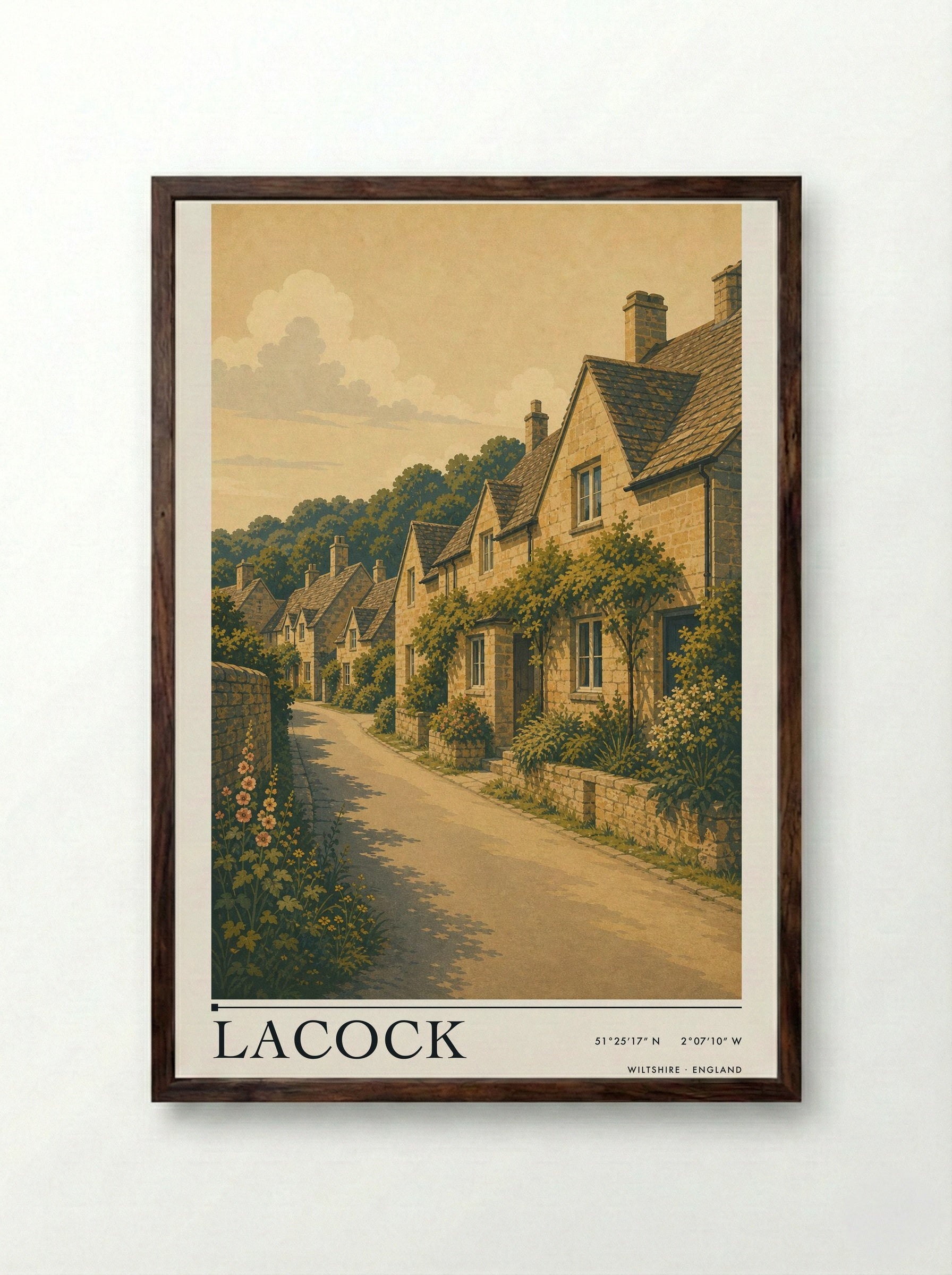 Lacock Wiltshire England Travel Poster - Framed Print Dark Wood
