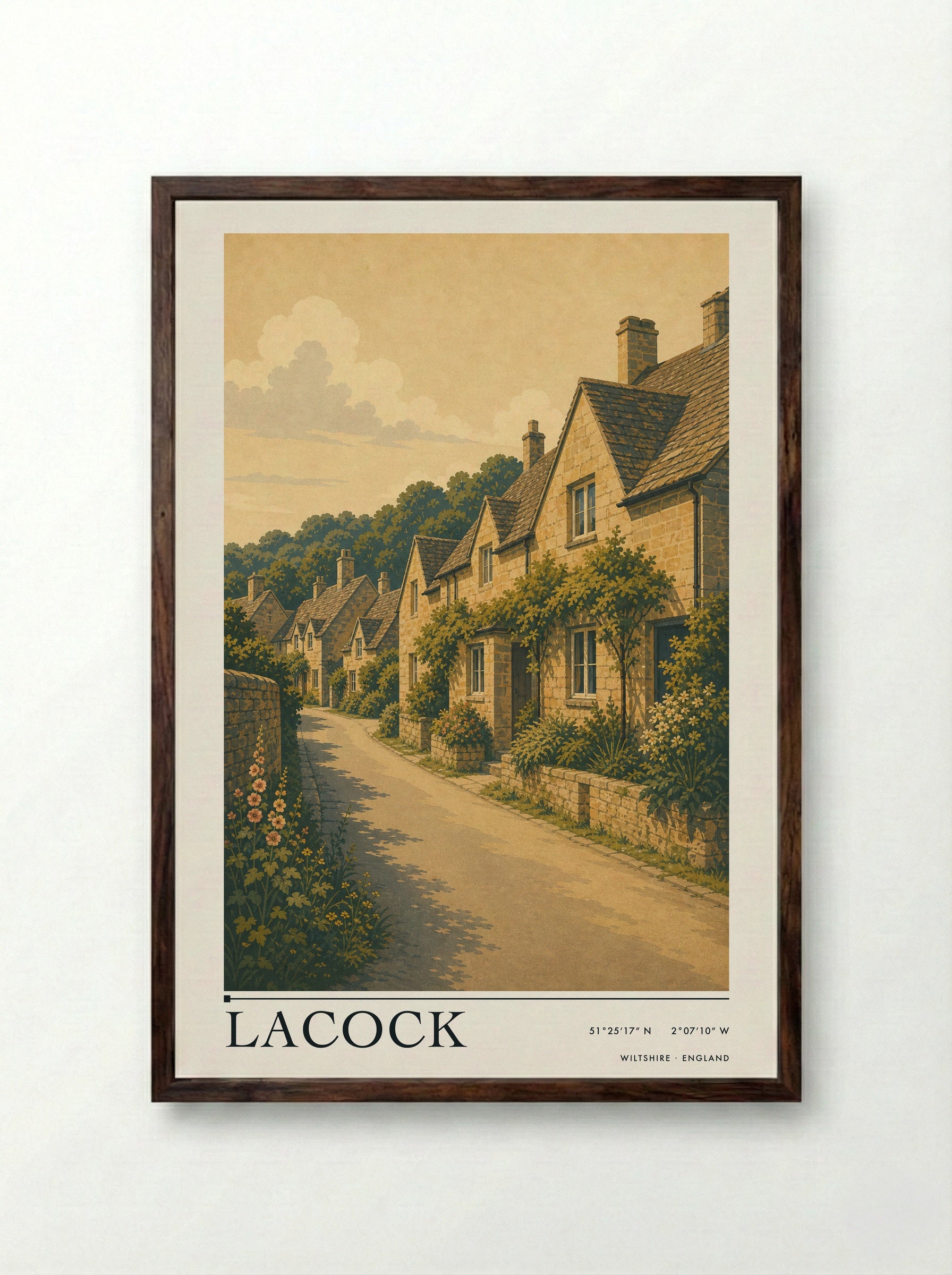 Lacock Wiltshire England Travel Poster - Framed Print Dark Wood