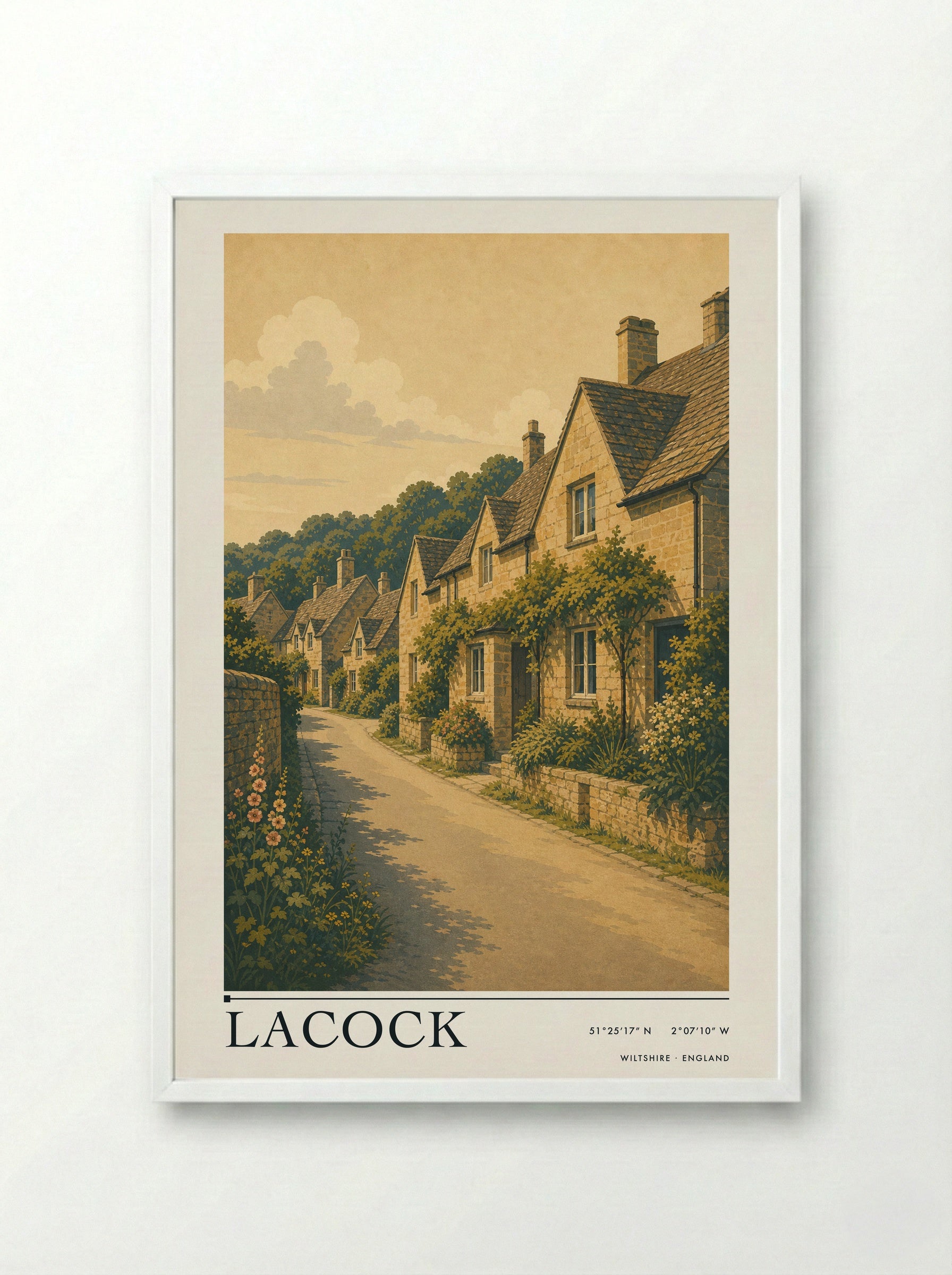 Lacock Wiltshire England Travel Poster - Framed Print White
