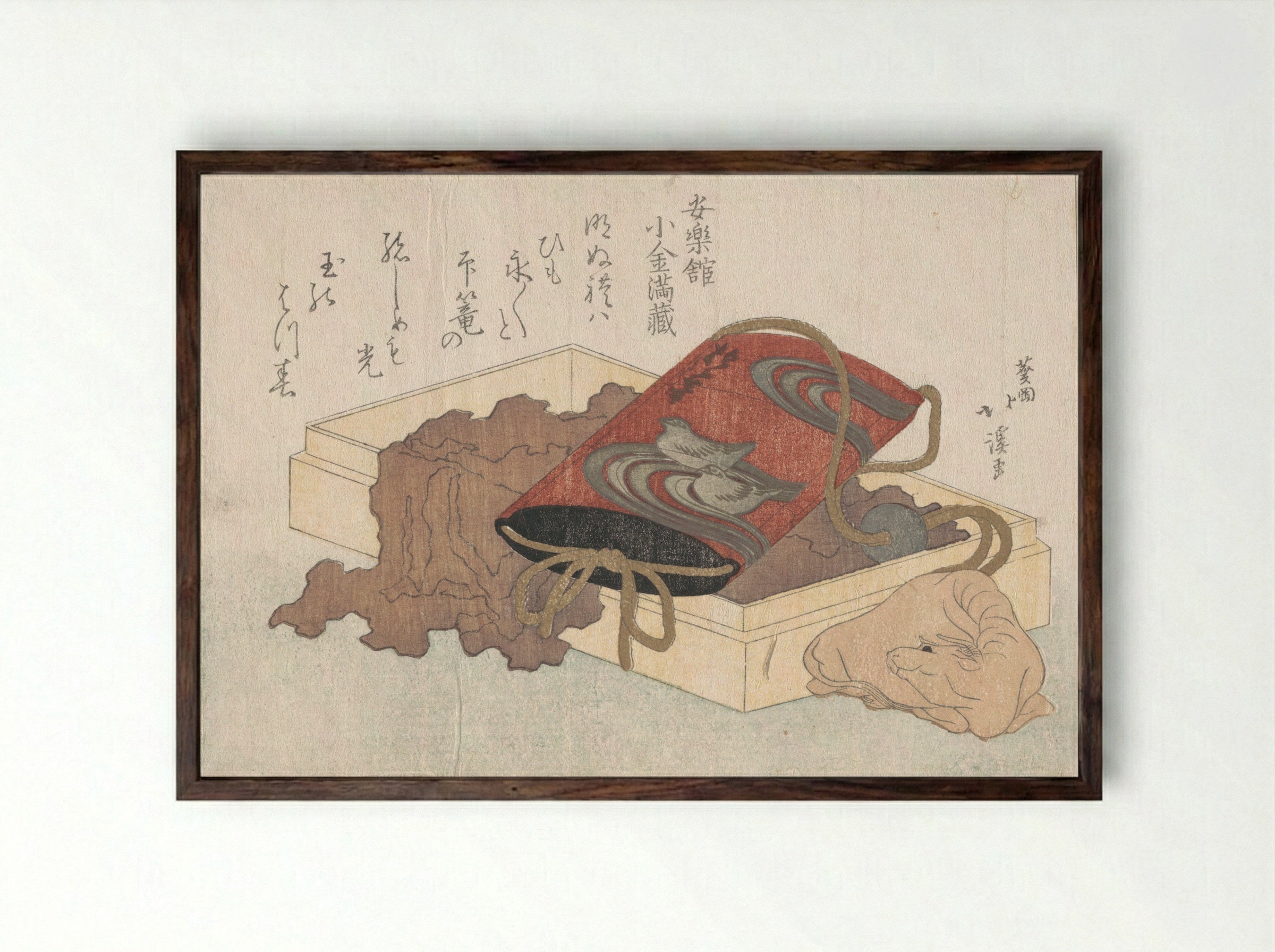 Lacquer Inrō with Waterbirds and Ox-shaped Netsuke in a Box - Totoya Hokkei - Framed Print Dark Wood