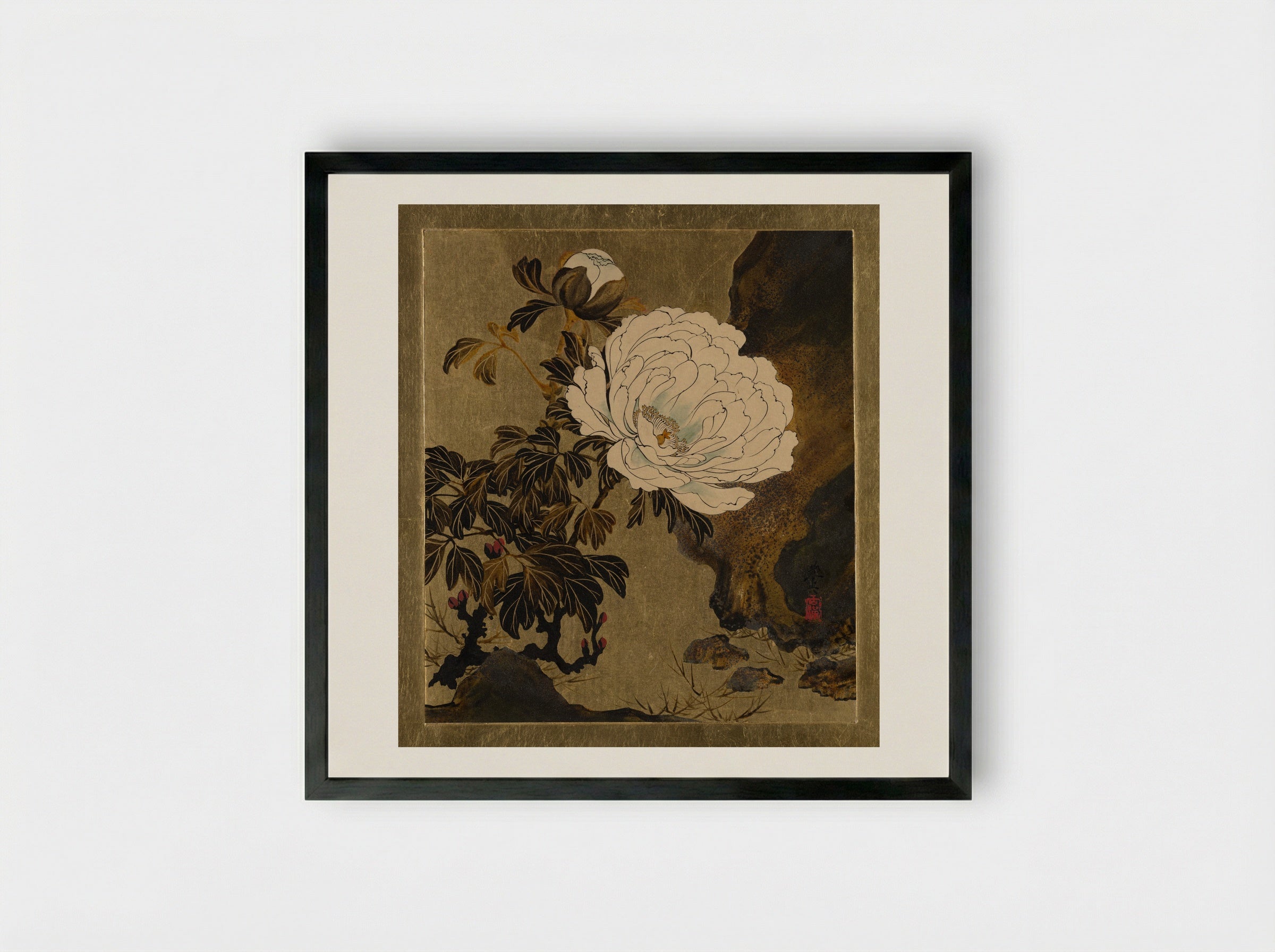 Lacquer Paintings of Various Subjects: Peonies - Shibata Zeshin - Framed Print Black