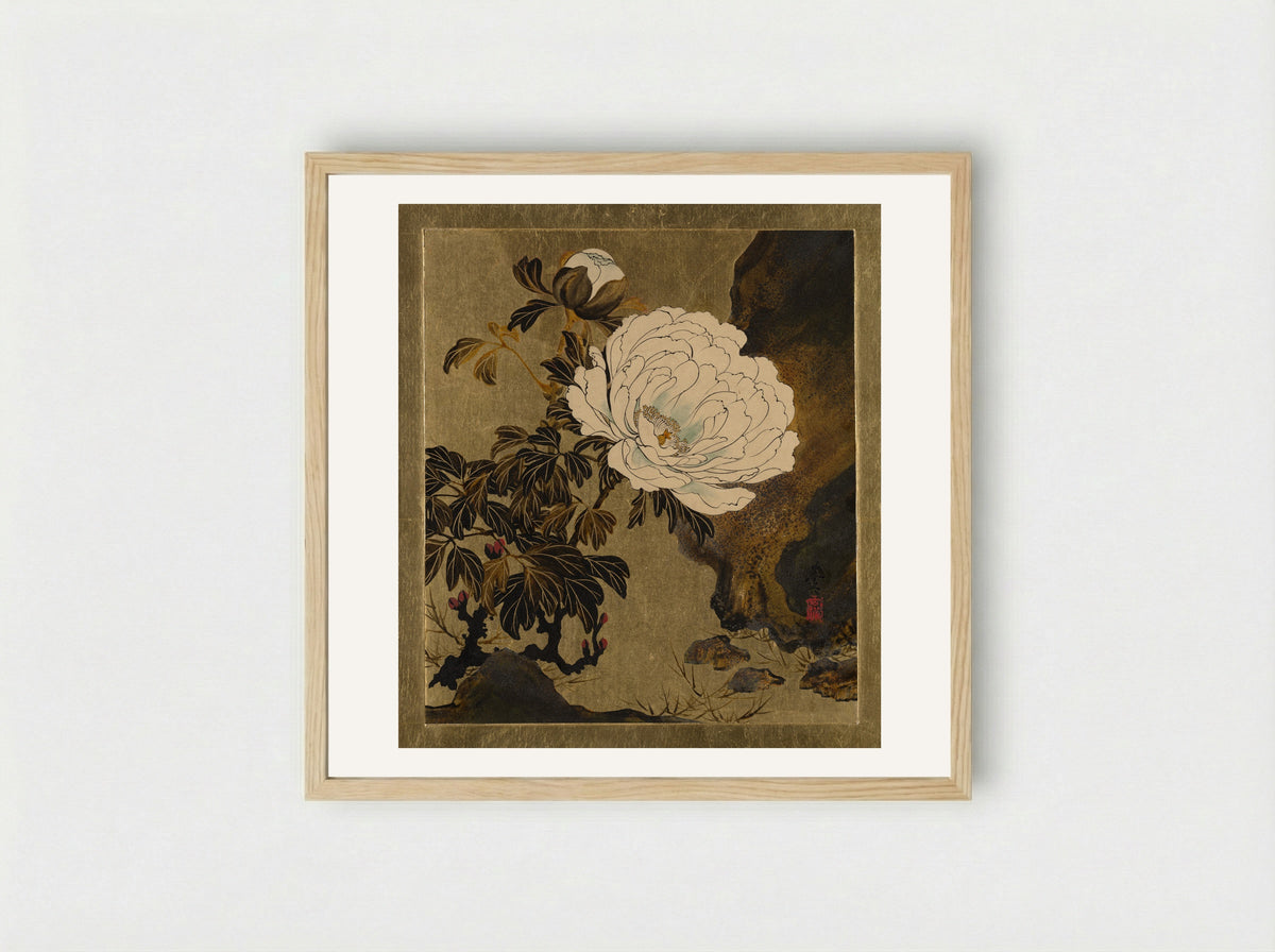 Lacquer Paintings of Various Subjects: Peonies - Shibata Zeshin - Framed Print Wood