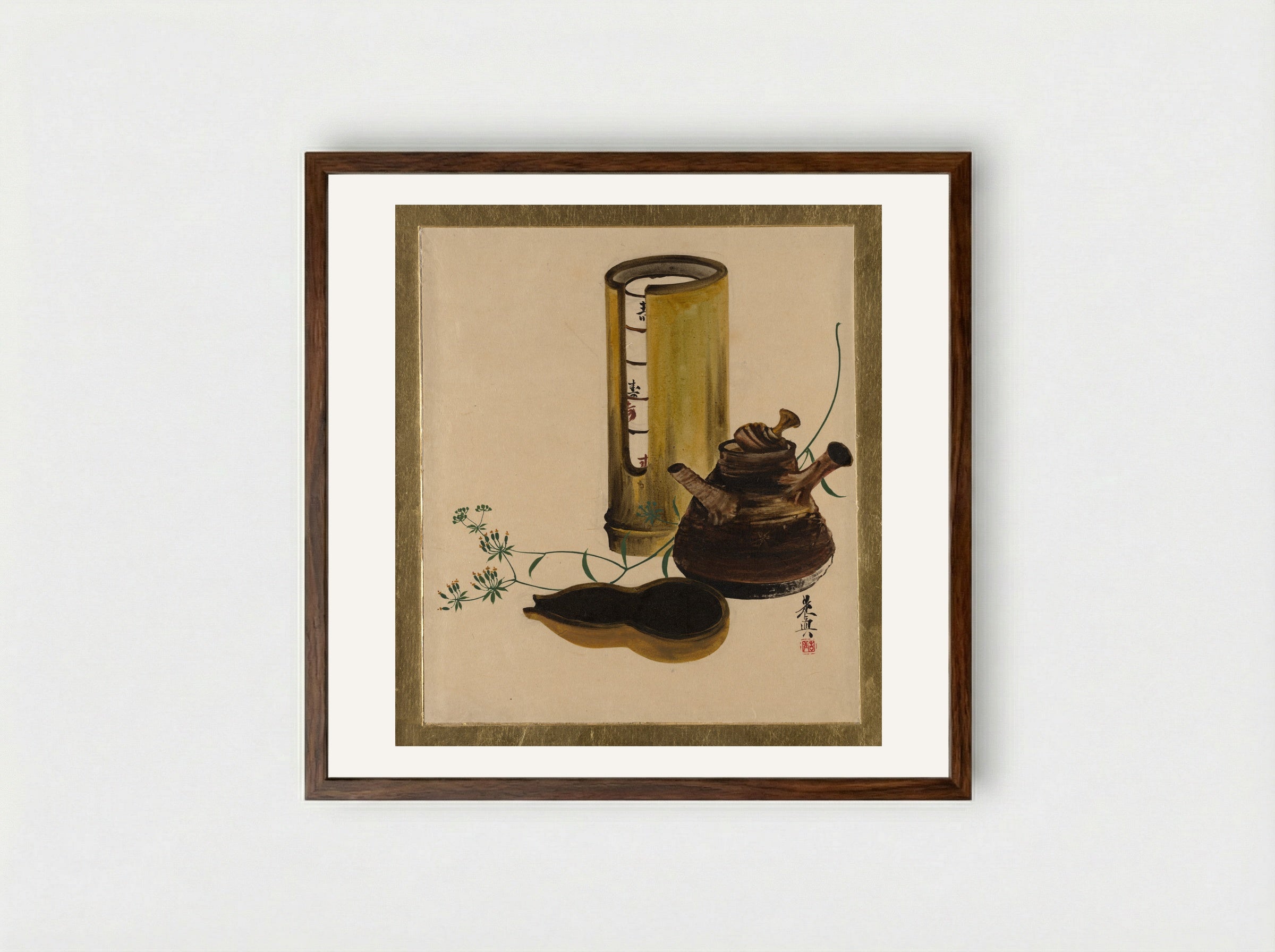 Lacquer Paintings of Various Subjects: Sencha Tea Set - Shibata Zeshin - Framed Print Dark Wood