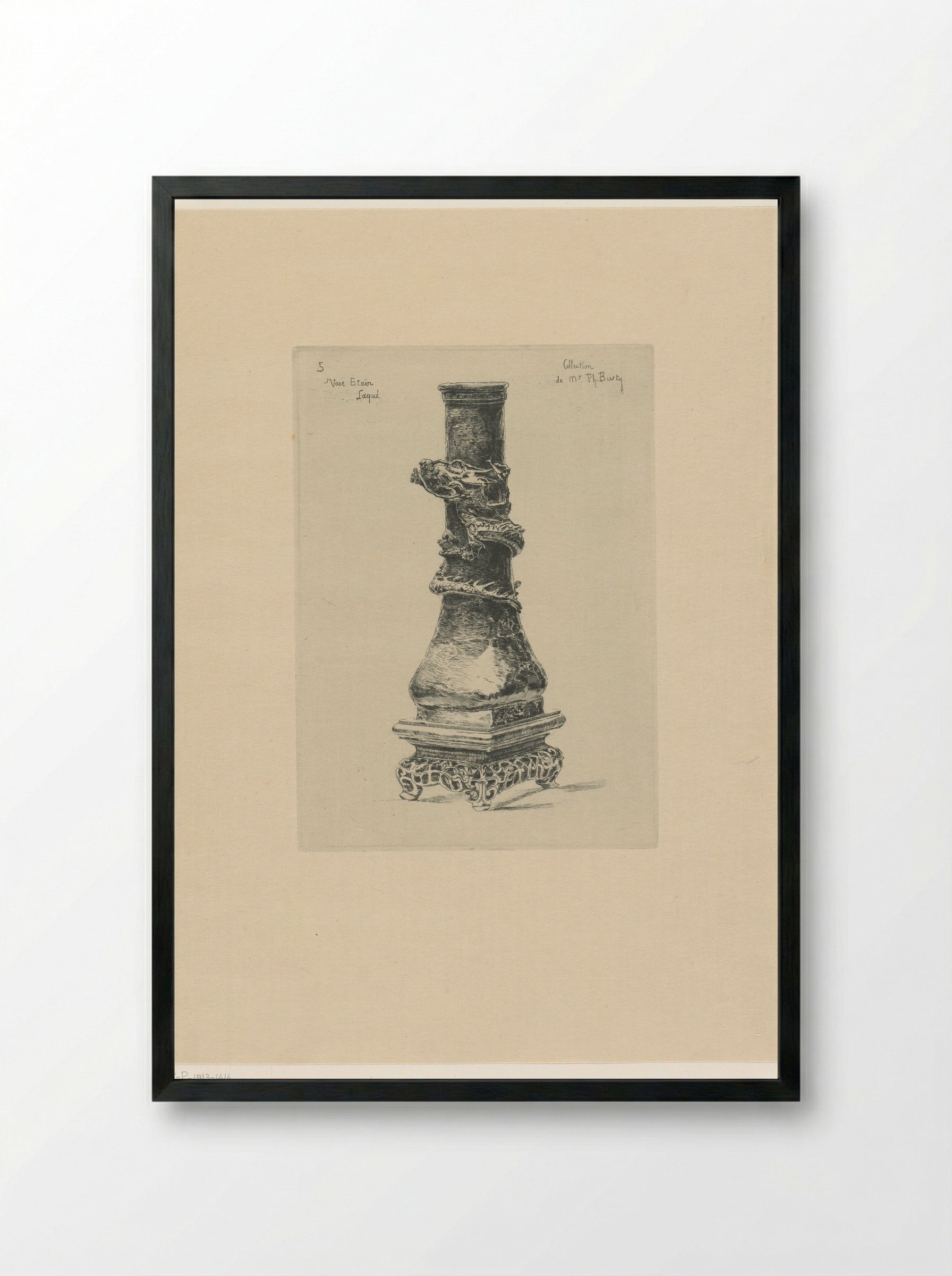 Lacquered Pewter Vase with a Dragon - Félix Hilaire Buhot - Framed Print Black