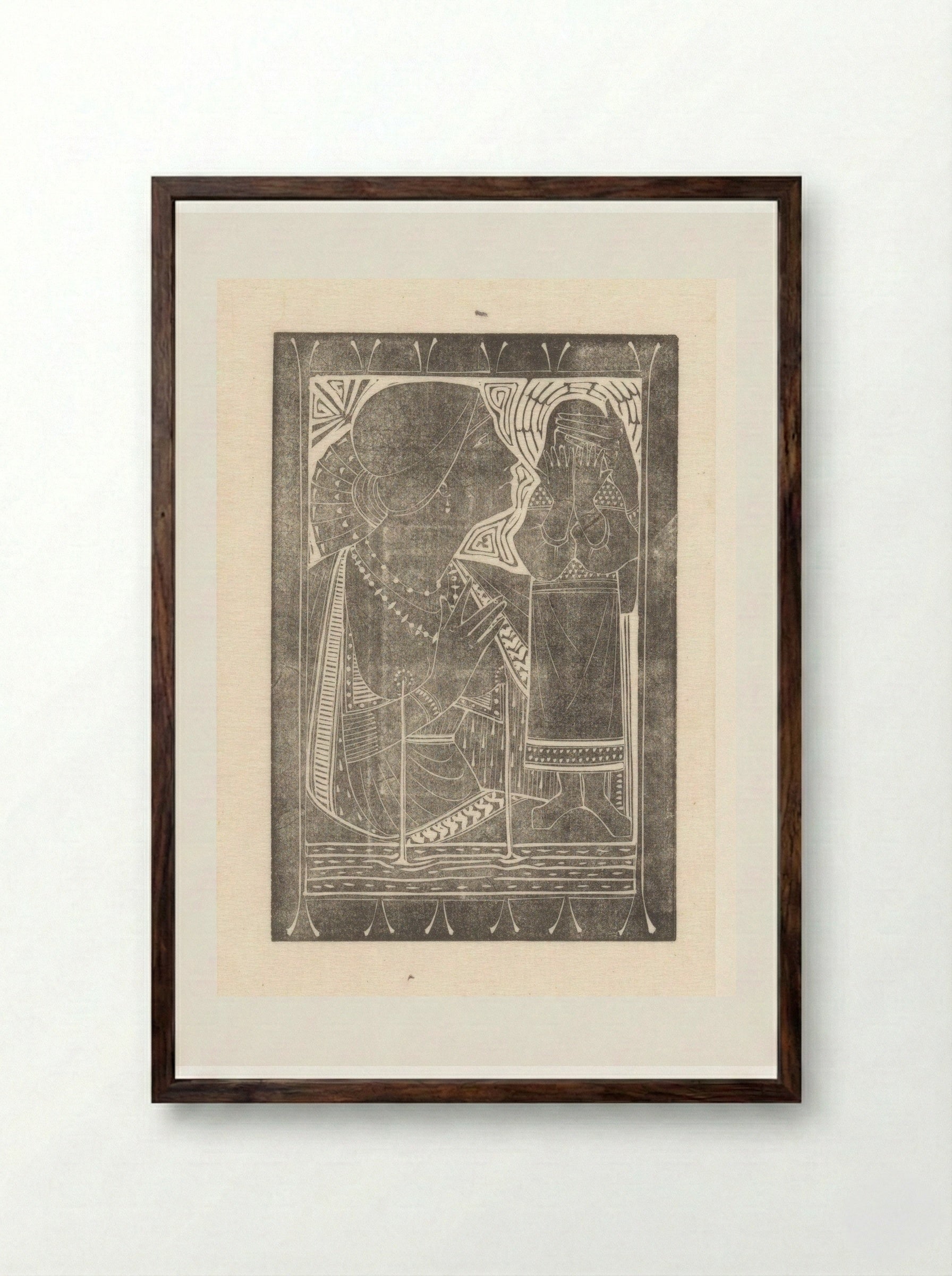 Lacterende vrouw die de ogen van een andere vrouw bedekt - Karel Petrus Cornelis de Bazel - Framed Print Dark Wood