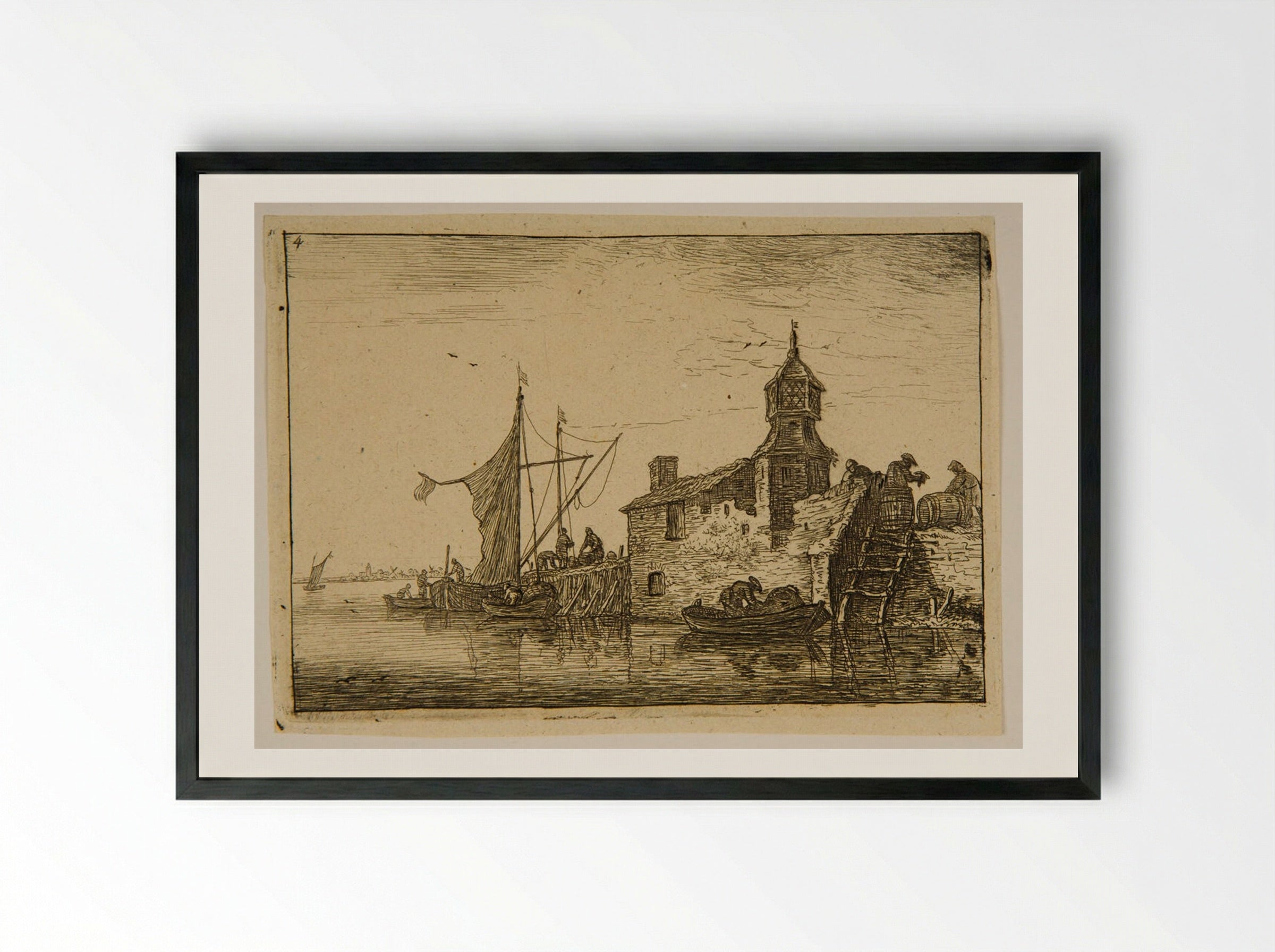 Ladder Leading to the Water - Anthonie Waterloo - Framed Print Black