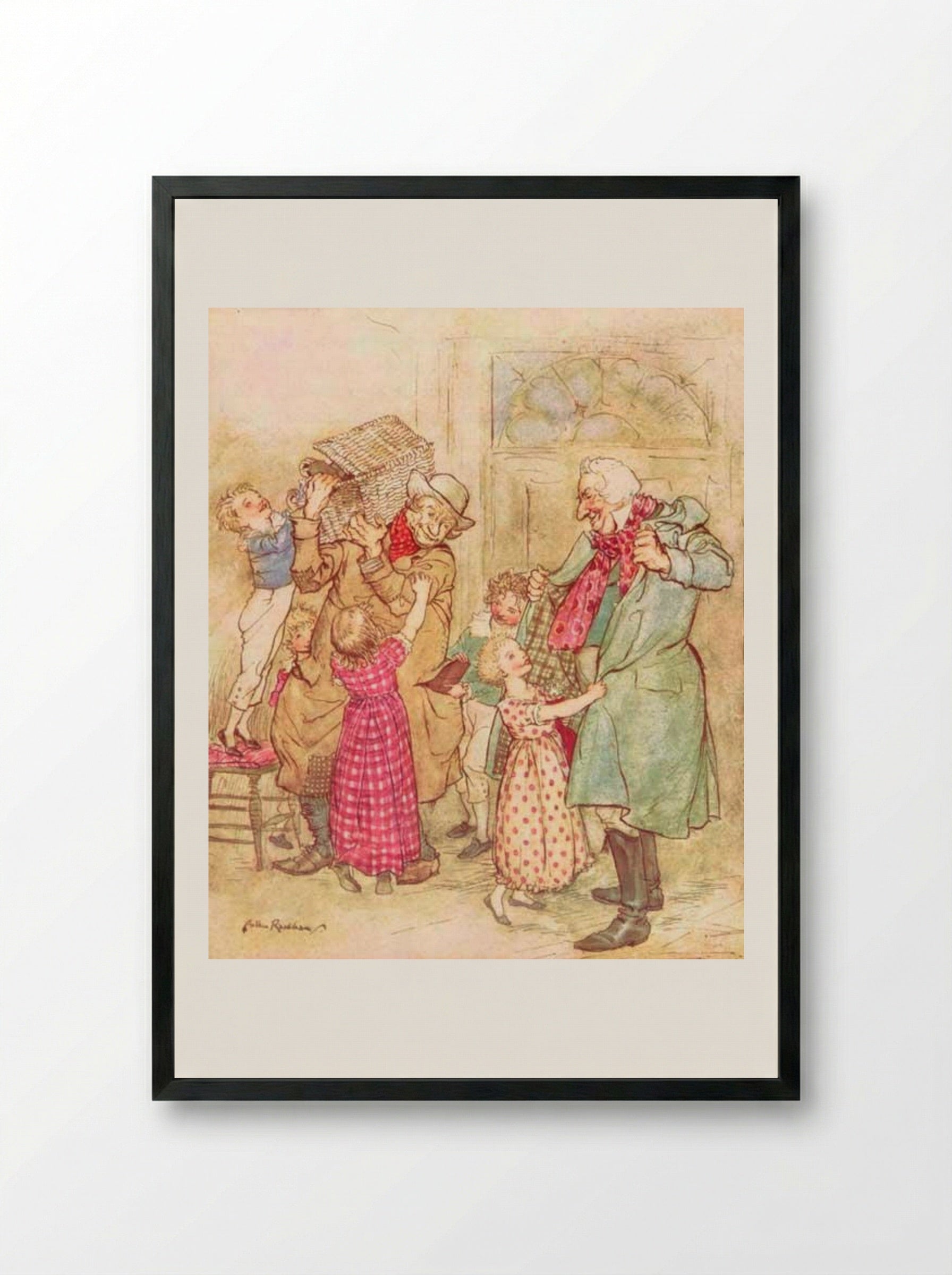 Laden with Christmas toys and presents - Arthur Rackham - Framed Print Black