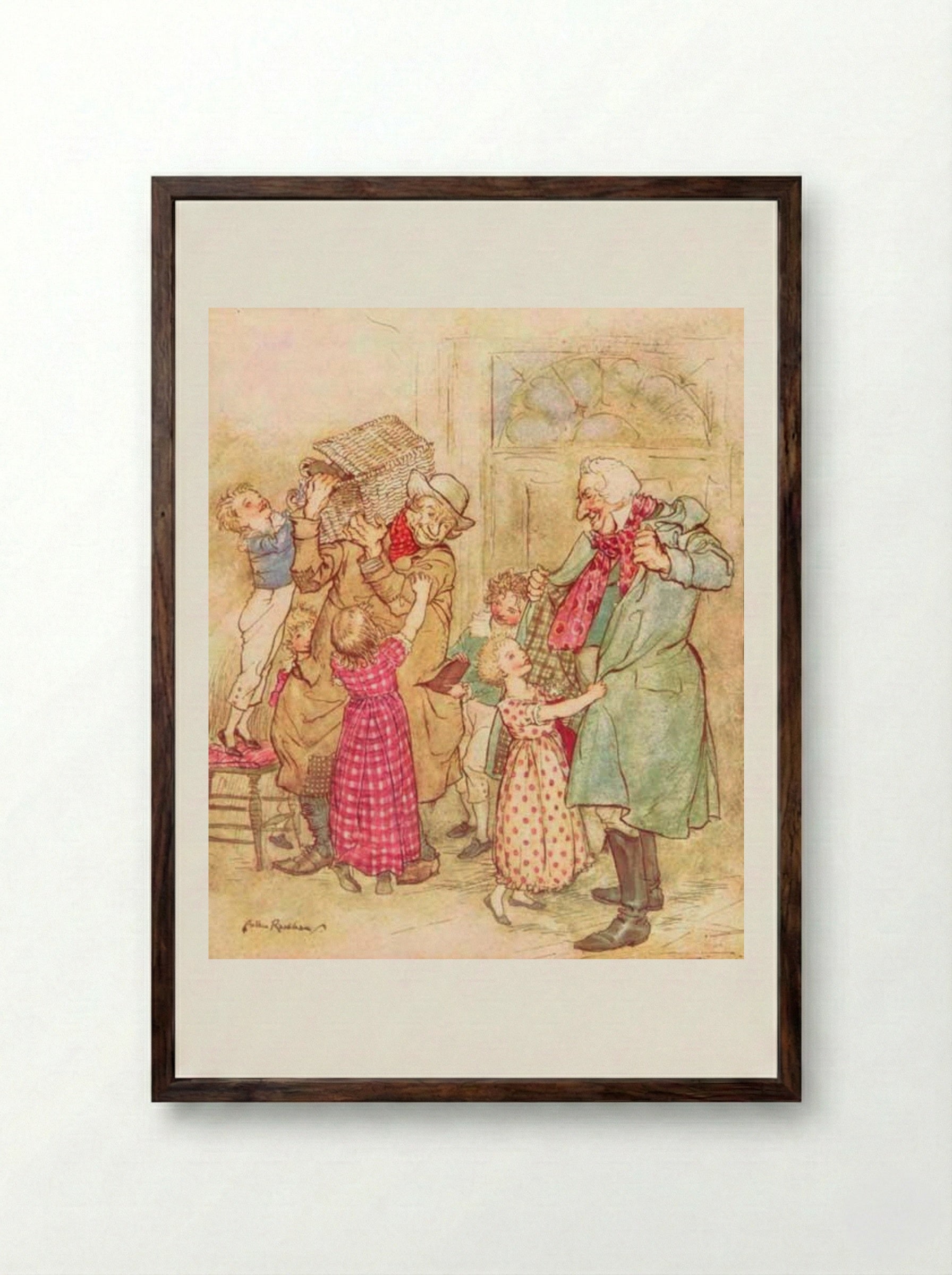 Laden with Christmas toys and presents - Arthur Rackham - Framed Print Dark Wood