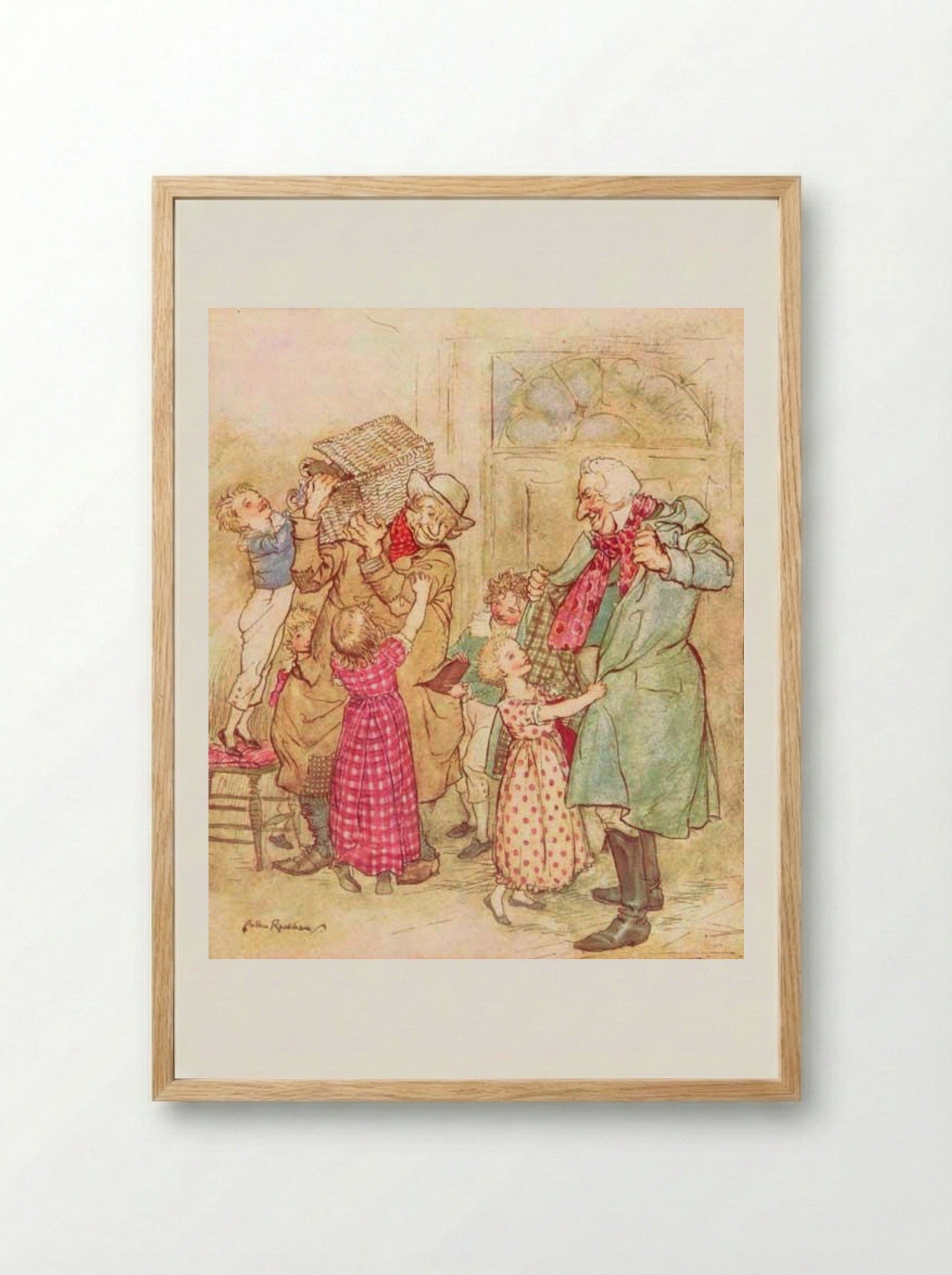 Laden with Christmas toys and presents - Arthur Rackham - Framed Print Wood