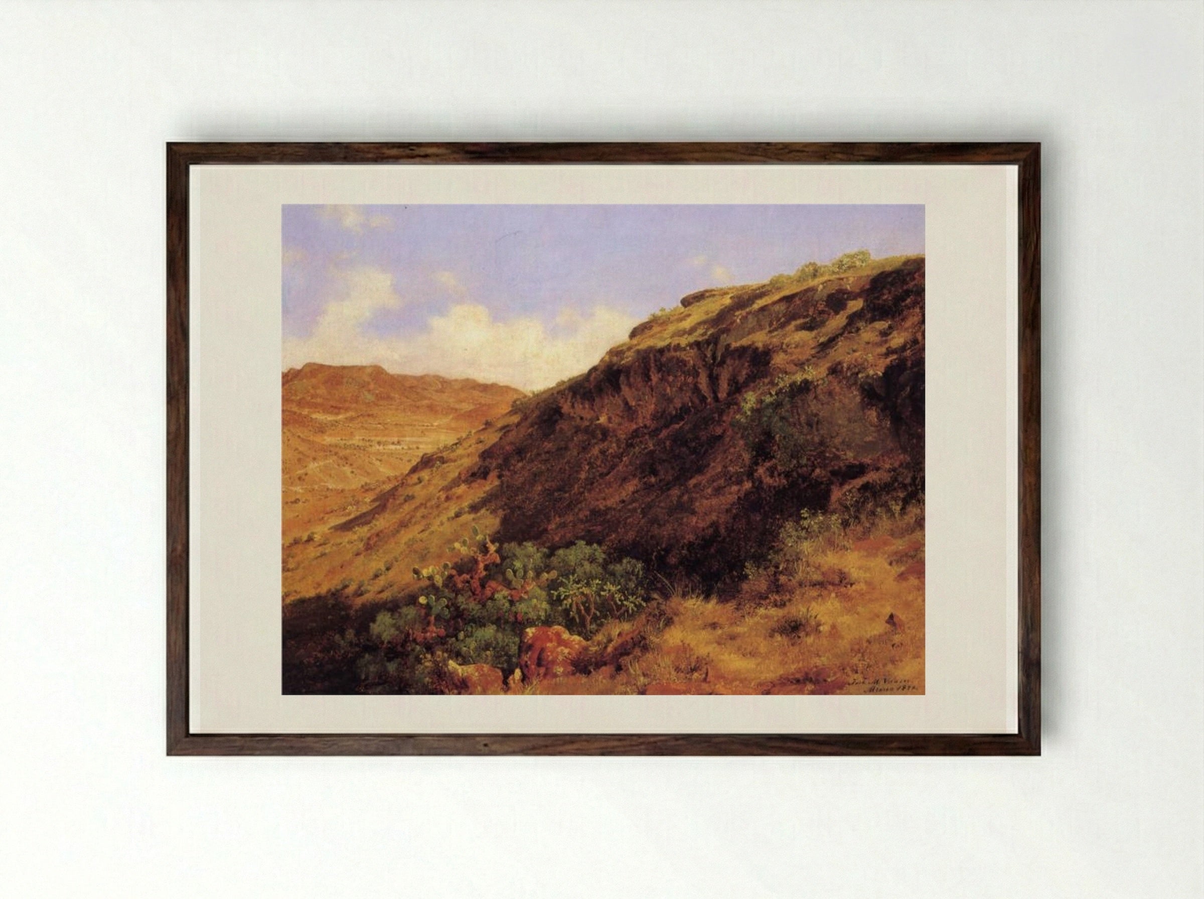 Ladera occidental del cerro de Guerrero - José María Velasco - Framed Print Dark Wood