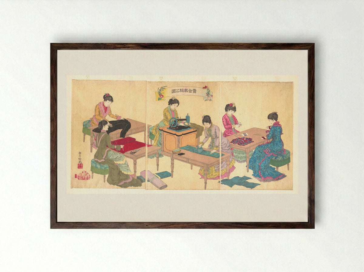 Ladies Sewing (Kijo saihō no zu) - Adachi Ginkō - Framed Print Dark Wood