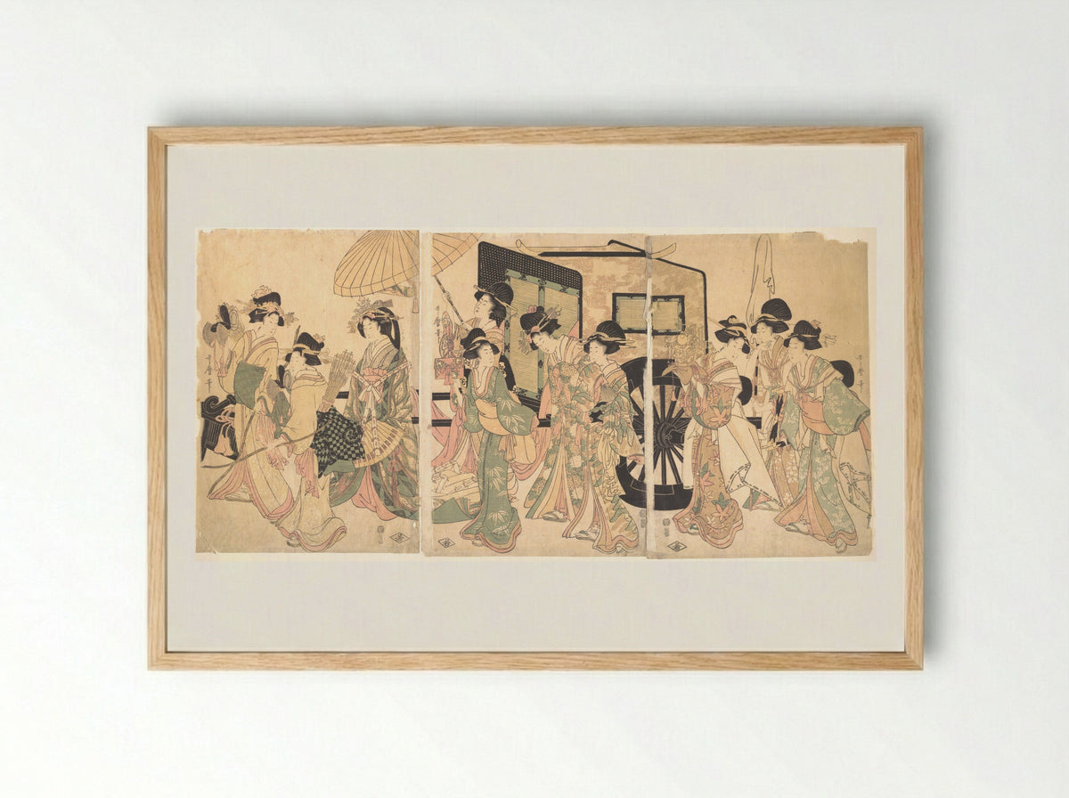 Ladies Surrounding a Cart - Utamaro II - Framed Print Wood