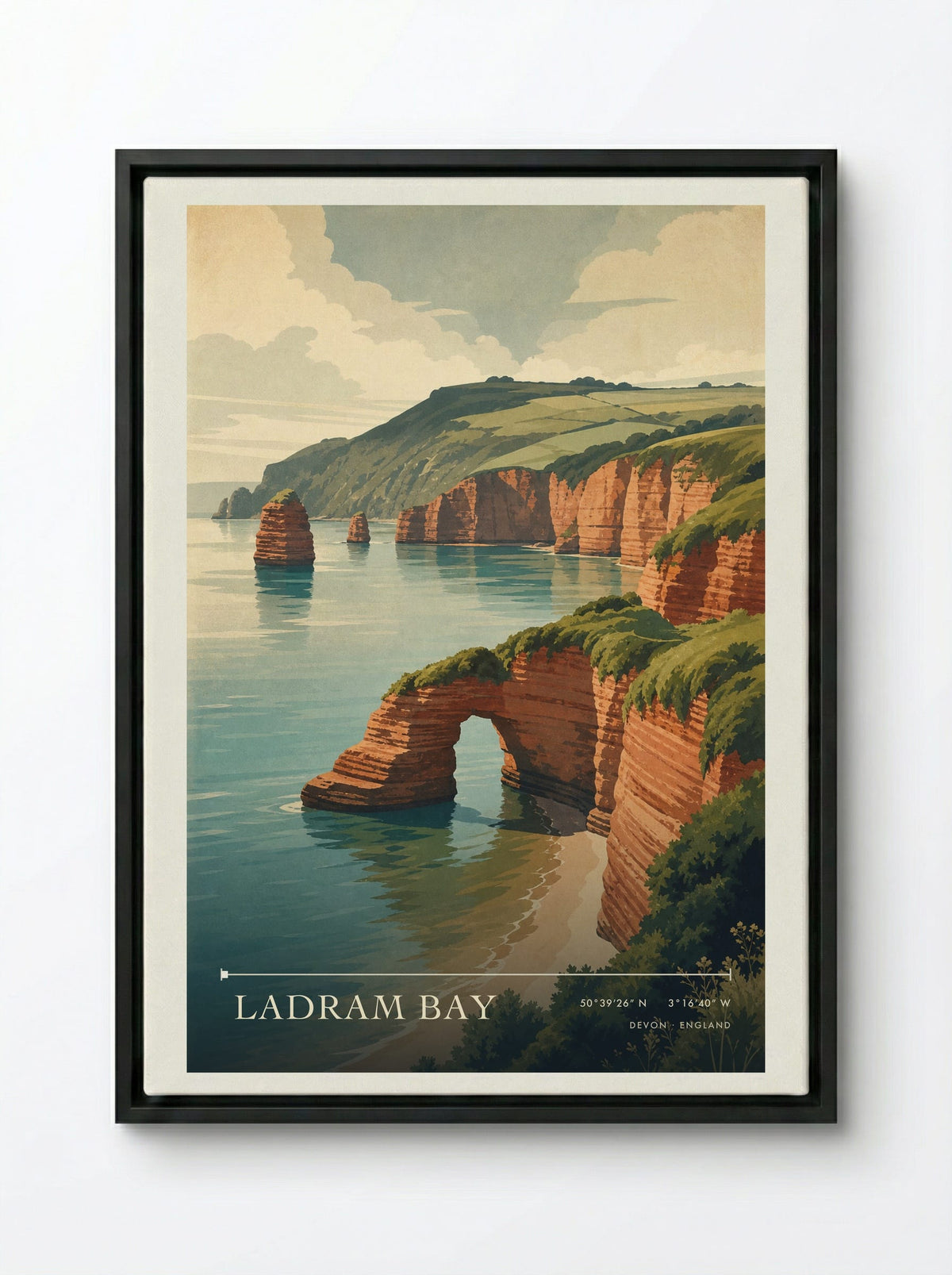 Ladram Bay Devon England Travel Poster - Framed Canvas Black
